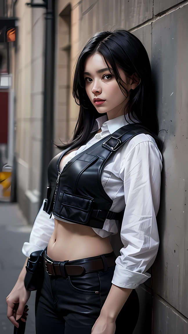 A woman leaning against the wall ,  she has long black hair ,  her eyes are cold that transmits fear ,  she wears a bulletproof vest ,  around her waist a holster to carry her weapons.
