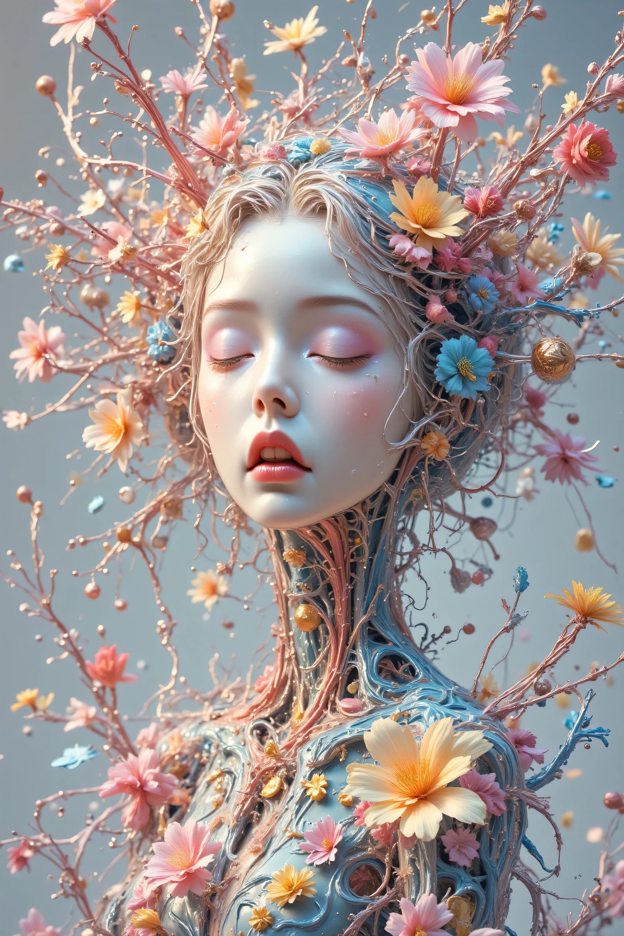 Expressionist artwork image of a single floating ceramic head, face, korean woman, colorful, color splash, neon colors, make it weird and gallery worthy