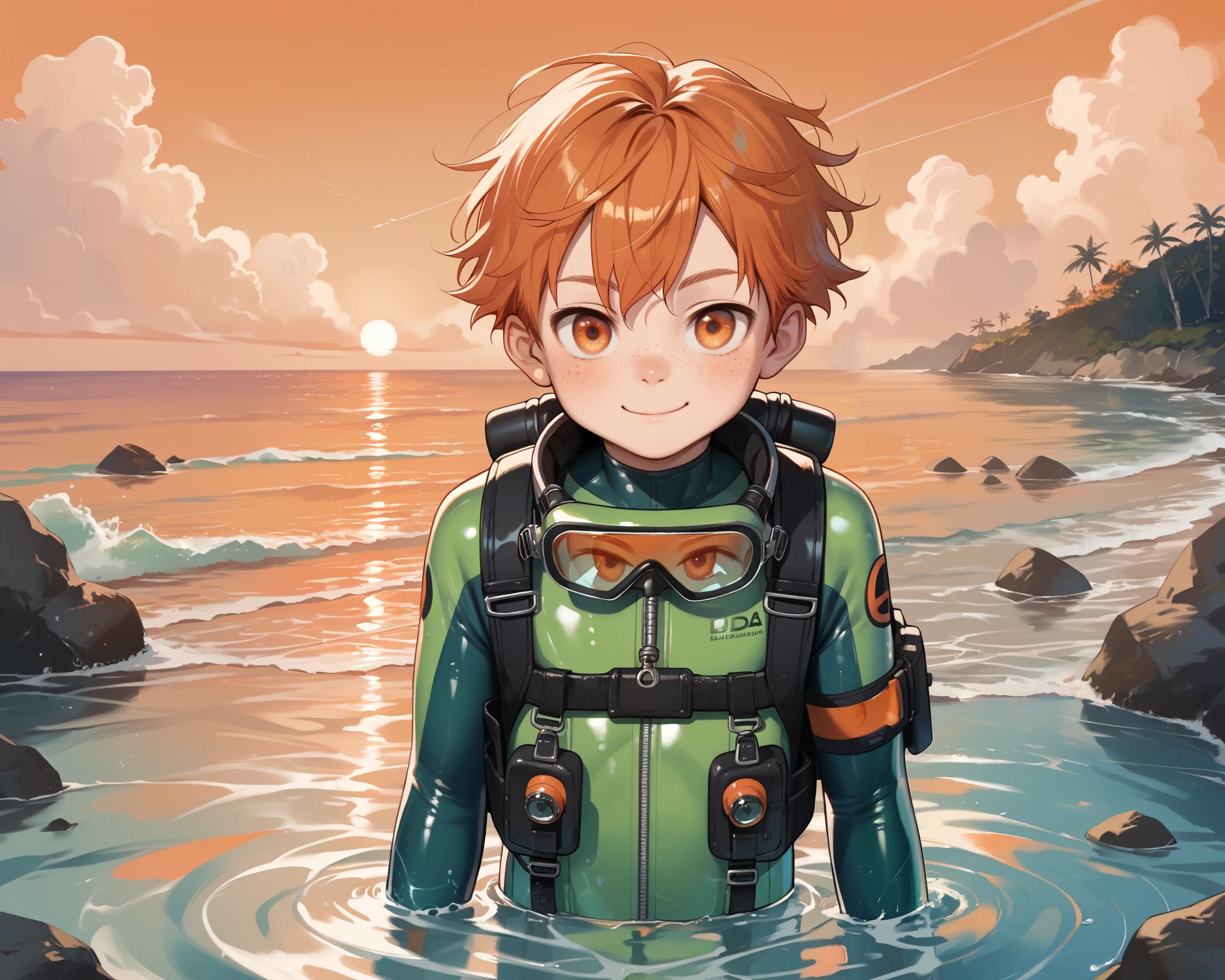 score_9_up, score_8_up, score_7_up, 1boy, solo, source_anime, , , young boy BREAK
Orange hair, orange eyes, freckles BREAK
Divesuit, green bodysuit, scuba gear, goggles BREAK
Closed mouth, smile, looking at viewer, ocean, wading , outdoors, sunset sky, orange sky BREAK