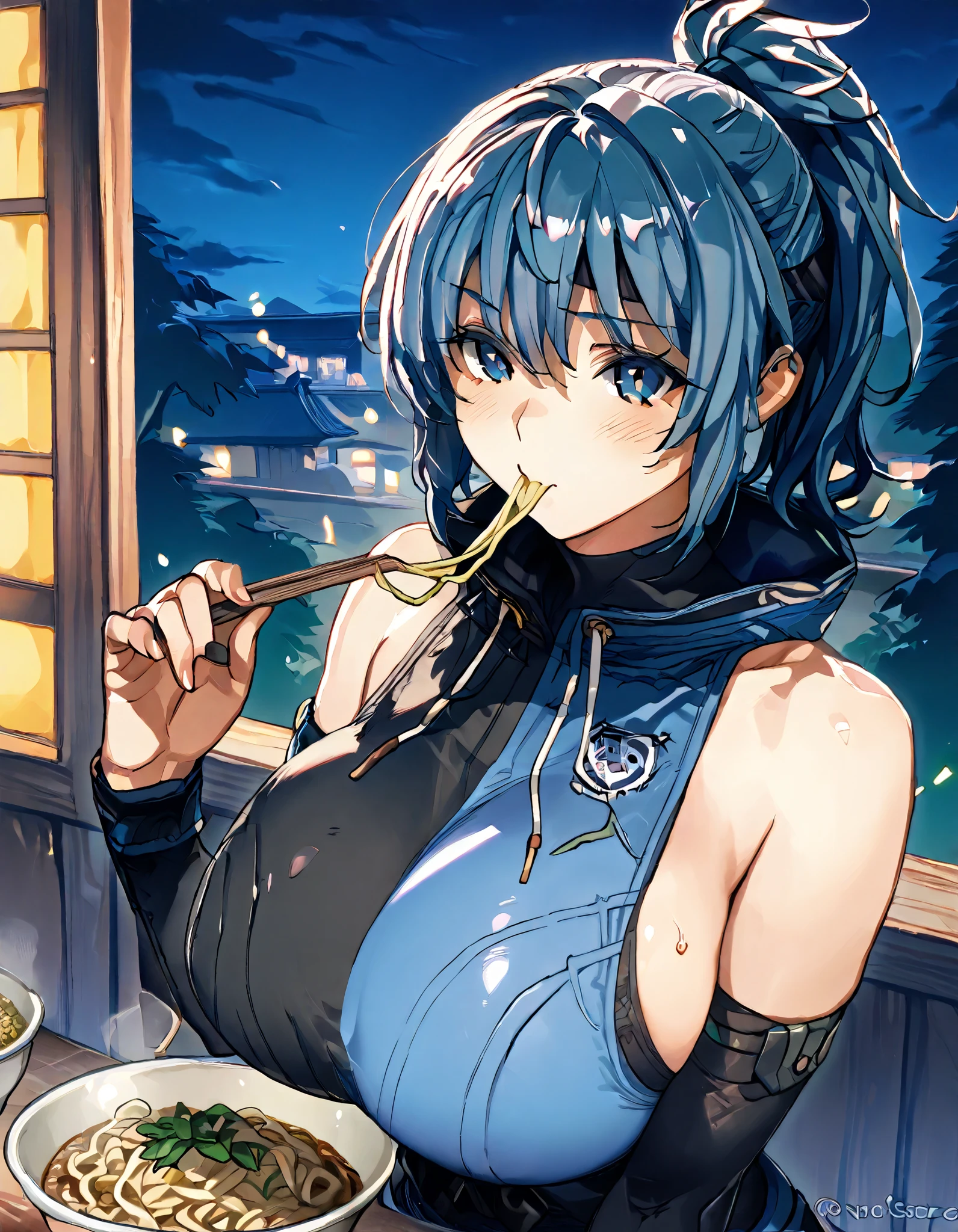 NSFW, best quality 、masterpiece、、 blue hair 、 ponytail on noodles、(),huge breasts、、(:1.5),(),(相手をGlare),、(:1.5)、(Glare)、、(View All ),(View the whole picture),blue sleeveless、 waist、 Night Shrine、 eating ramen