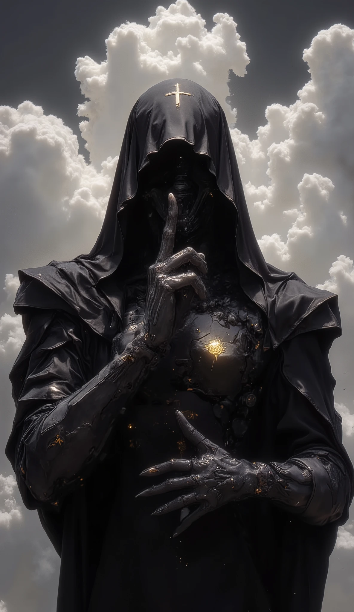[Robotic figure, cloaked and enigmatic, holding a finger to its lips in a gesture of silence, conveying a sense of mystery and quiet power amidst a cloudy sky], [Digital painting, dark art, surrealism], [Greg Rutkowski, influenced by Syd Mead's futuristic designs], [Monochromatic palette with hints of gold, dramatic chiaroscuro lighting, smooth textures on the figure contrasting with the rough texture implied by the clouds, geometric background elements creating a sense of sacred geometry, high-resolution rendering, shallow depth of field focusing on the figure, cinematic lighting.]