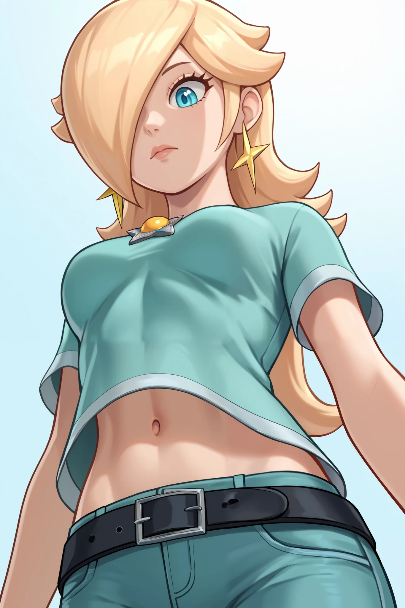 score_9, score_8_up, score_7_up, source_anime, rosalina, blonde hair, blue eyes, hair over one eye, long hair, star earrings, solo, cowboy shot, black t-shirt, taut clothes, tight shirt, midriff, navel, jeans, black belt, closed mouth, looking down, from below, close-up, ant