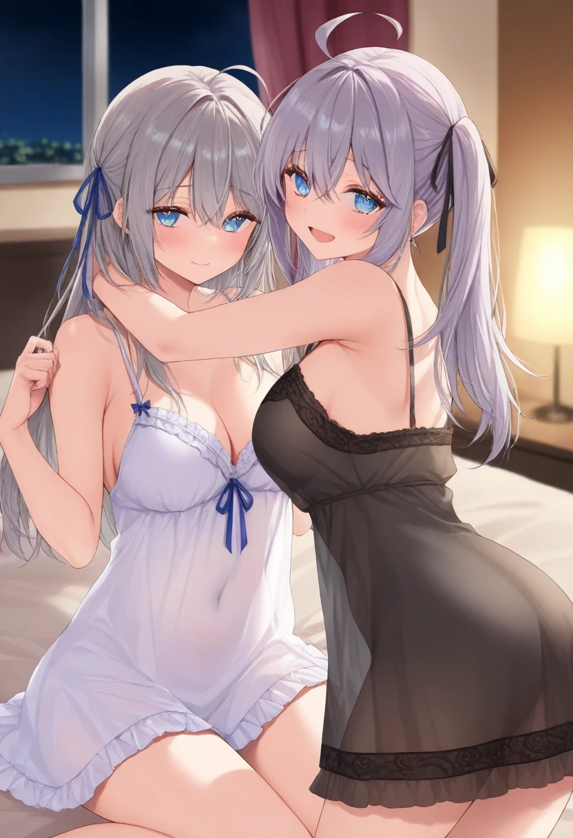 ((masterpiece)), (Highest quality), (Simple style), Silver hair, long hair, blue eyes, indoors, naked, no underwear, shirt, open clothes, bare shoulders, sitting on girl, two girls