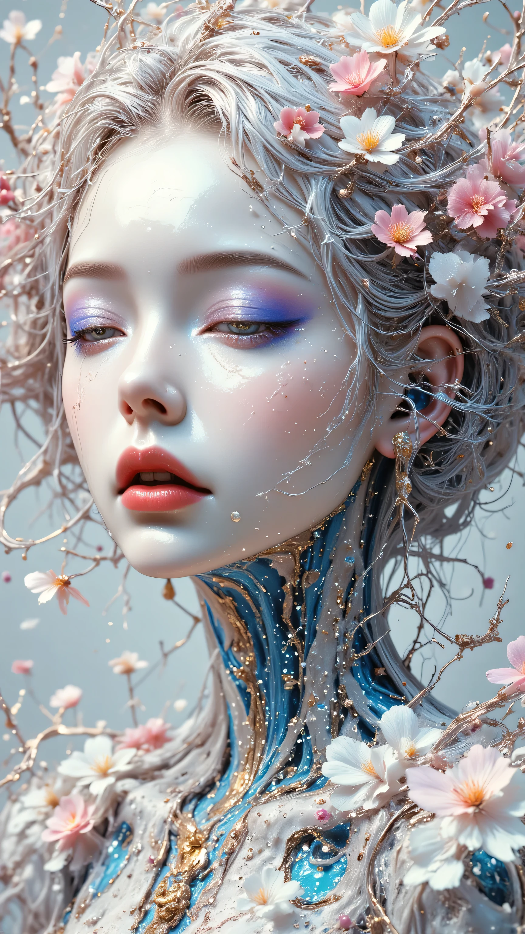 Expressionist artwork image of a single floating ceramic head, face, korean woman, colorful, color splash, neon colors, make it weird and gallery worthy