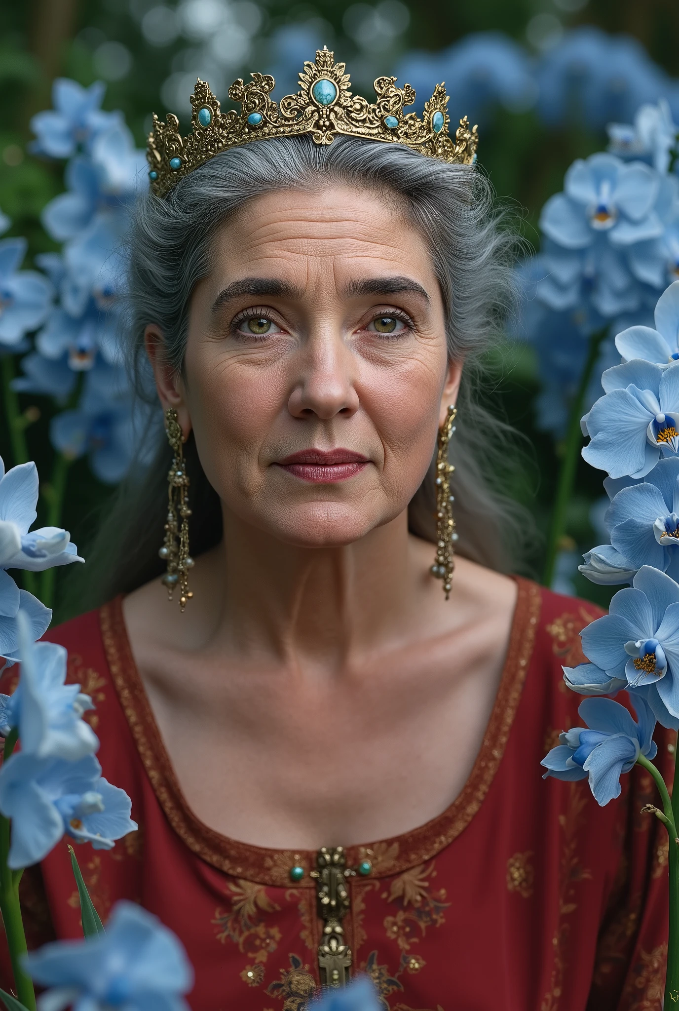 human queen from medieval fantasy, wrinkled face, but vibrant eyes. Sitting in a garden of blue orchids. serene face. Wearing a light red dress, with gold details. wearing a tiara. realisitic. 8k.