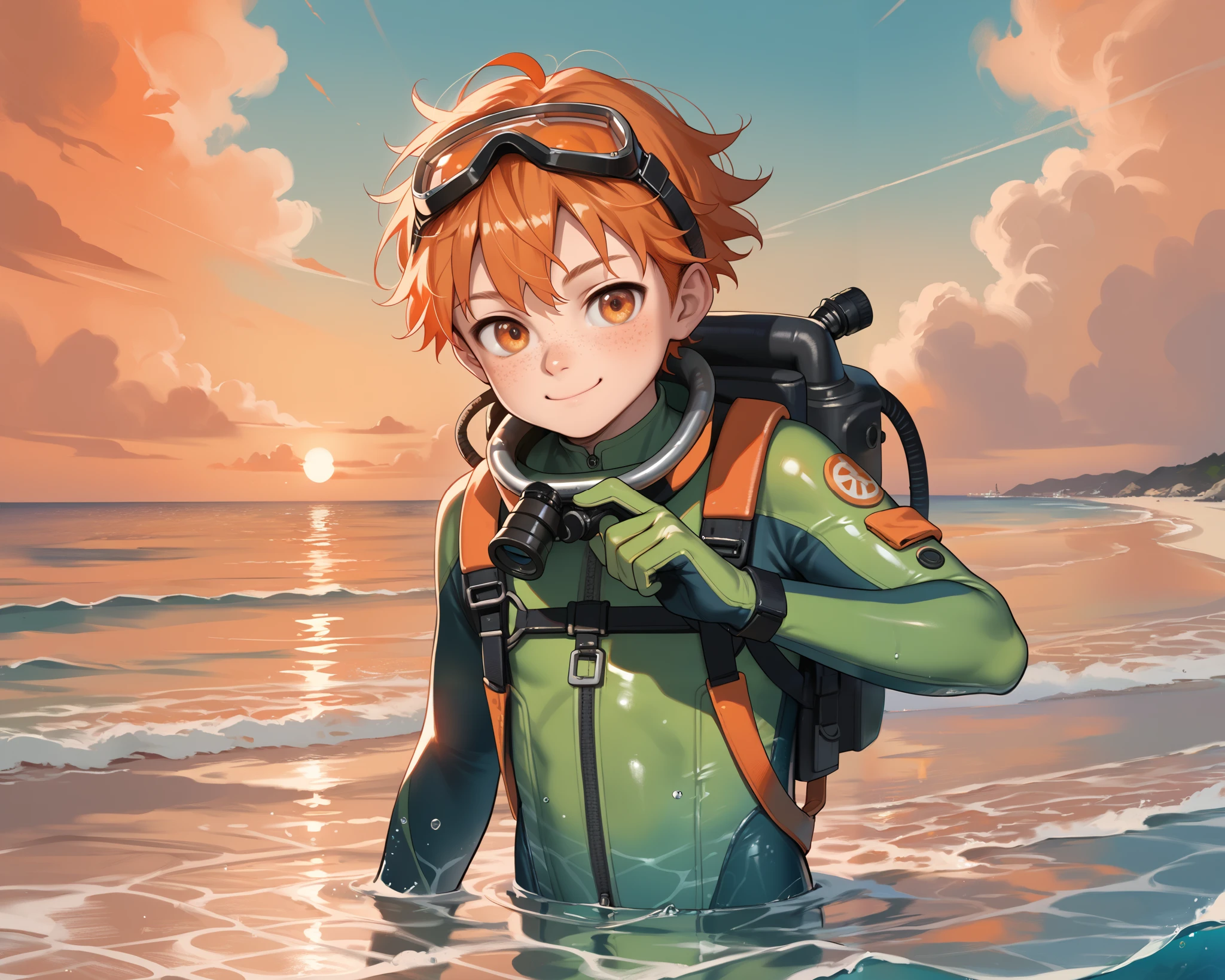 score_9_up, score_8_up, score_7_up, 1boy, solo, source_anime, , , young boy BREAK 

Orange hair, orange eyes, freckles BREAK 

Divesuit, green bodysuit, scuba gear, goggles BREAK

Closed mouth, smile, looking at viewer, ocean, wading , outdoors, sunset sky, orange sky BREAK 