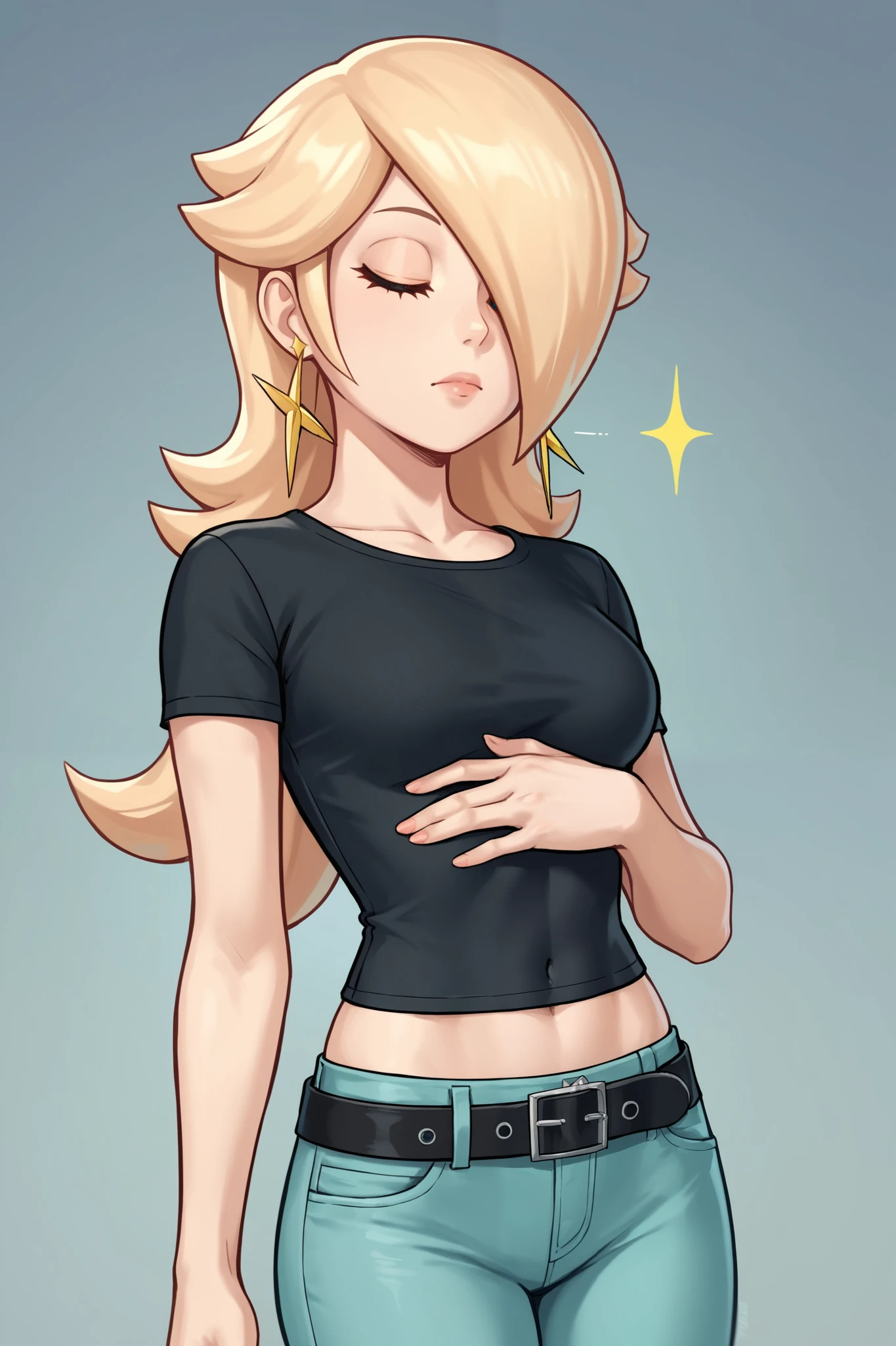 score_9, score_8_up, score_7_up, source_anime, rosalina, blonde hair, blue eyes, hair over one eye, long hair, star earrings, solo, cowboy shot, black t-shirt, taut clothes, tight shirt, midriff, navel, jeans, black belt, closed mouth, eyes closed, hand on own stomach