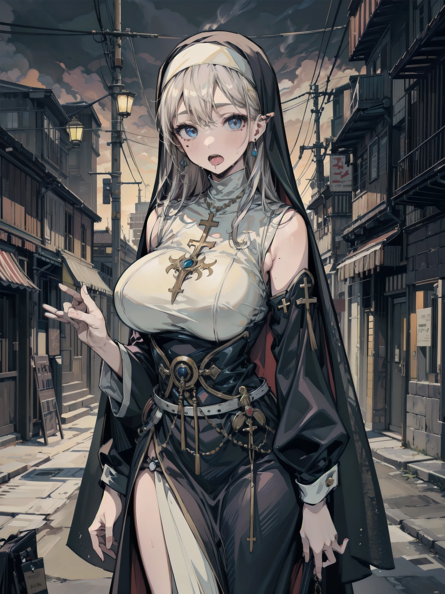 masterpiece, best quality, ultra-detailed, glistening shiny, glowing light, ray tracing, HDR, (perfect face, detailed face, detailed eyes), 8k,HD,ultra realistic face, ray tracing, perfect lighting, best quality, ultra-detailed, High resolution, Full body, Description Girls, detail hands, Detail fingers, Detail Face, cute face, detail legs, overdetailed art, Fine details, ((silver hair)), purple eyes, ((wavy hair)), (bobcut), (medium breast), (huge ass), oily skin, angry, ((nun)), open back, walking, town