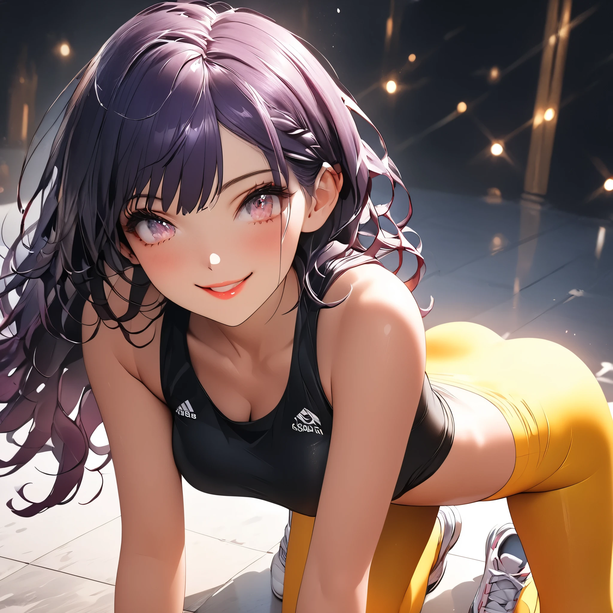 Masterpiece, 4K, HDR, full HD, (best quality), (ultra detailed), (only), intricate ANIME TYPE, best quality, 1girl , ((deep purple hair)) , hyper beautiful face, perfect anatomy, shiny skin, full body, alone, long hair, looking at viewer, perfect hands, perfect legs, super detailed clothes, intricate clothes, hyper detailed cloths, super detailed face, super detailed skin, super detailed quality, expressive eyes, brown eyes, super detailed eyes, JK, epngekatsuragimisato , SDXL illustration design beautiful girl two-dimensional beautiful girl digital painting comic Ukiyo-e watercolor cartoon others,ROUGH, smile, blushing, dynamic pose, American shot, cowboy shot, portrait quality, super detailed hands, super detailed fingers, very beautiful fingers, very beautiful hands, 8k,masterpiece, CGSTATION, hyper CGI style, extremely detailed art by artgerm , photorealistic chica anime render , A 4K anime drawing style, best quality, 3D rendering, INTRICATE, Cute Girl, hyper detailed, medium bust, 27 years old, a woman, Sensual smile, red lips, super detailed skin, She is wearing tight yellow thermal leggings, a tight blue sports top, white sneakers, tights: yellow, top: blue, Forward Stretch Pose: Sitting on the floor, the model leans forward to touch her feet, legs extended and together. Her back is straight, and her hair falls naturally to one side. Highlights the flexibility and harmony of its movements. the photo is full body,