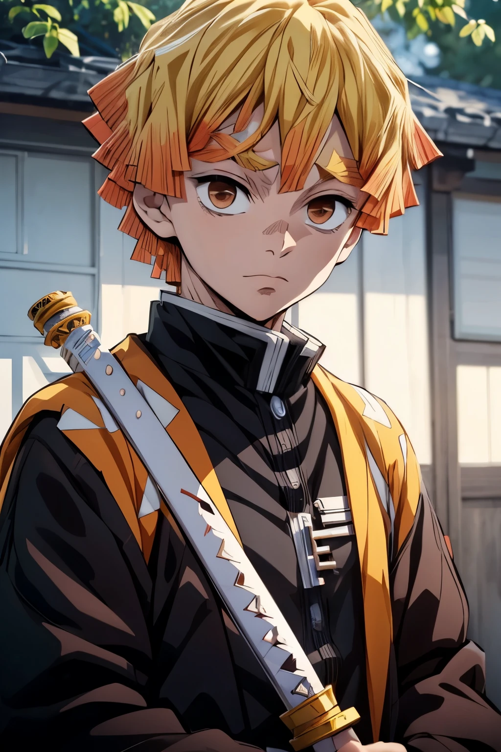 anime - style image of a young Zenitsu Agatsuma, man holding a sword, key anime art, demon slayer , handsome guy, detailed key anime art, key anime visuals, otaku gangasta, blazing infero, official art, badass anime 8 k, detailed anime character art, orange hair, orange eyes