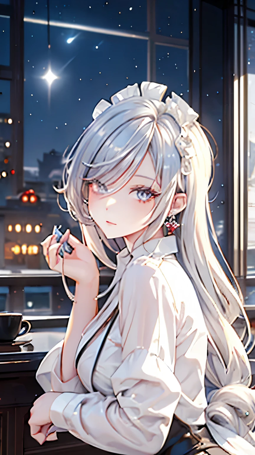 masterpiece, coffee, cafe owner,white hair girl,pale diamond eyes, starry eyes, pale eyes, myth, fantasy, magic, mana, in tower, fantastic , beautyful , cafe background, masterpiece , 8k, ultraquality, magic,nice post, boss, queen personality, trend fashion
