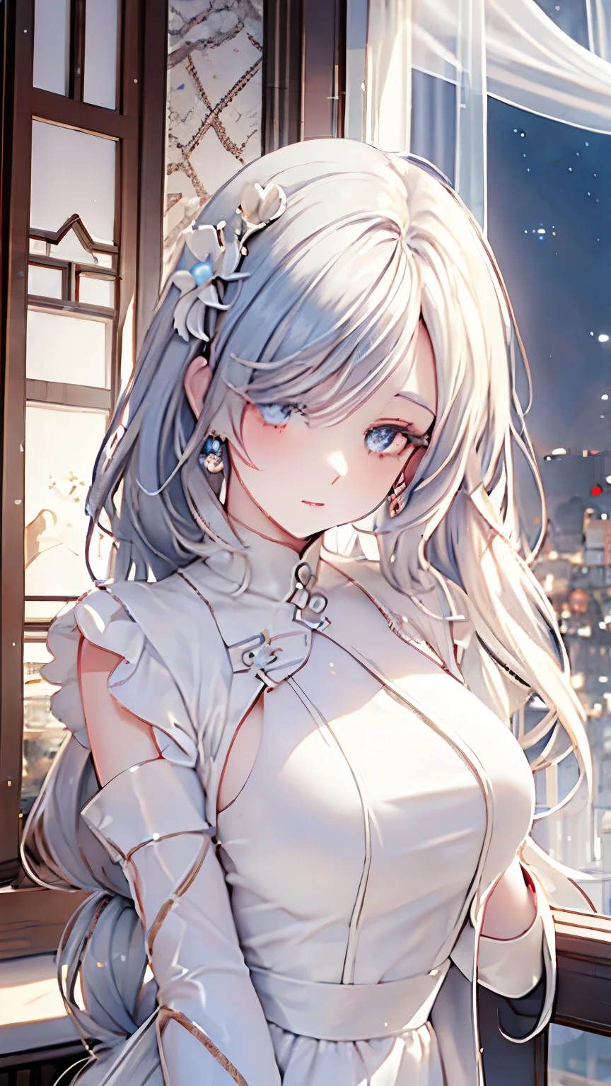 masterpiece, coffee, cafe owner,white hair girl,pale diamond eyes, starry eyes, pale eyes, myth, fantasy, magic, mana, in tower, fantastic , beautyful , cafe background, masterpiece , 8k, ultraquality, magic,nice post, boss, queen personality, trend fashion