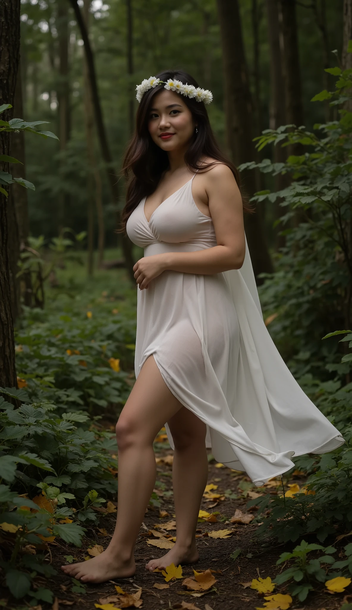 masterpiece, high detail, 8k, best quality, A beautiful young indonesian woman with dark brown long hair wearing a flower crown, big breast 1.8, saggy breast 1.5, curvy body, slim waist, wide hips, perfect body, standing in the dark forest barefoot, with a little sunlight shining on her body from between the trees, yellow leaves falling, her eyes focused on the camera, a faint smile, surrounded by a sea of green leaves. She is wearing a thin white dress hair and dress blowing in the strong forest wind, the dress really suits her character covering her curvy body gracefully, dark atmosphere, side back view, dynamic pose. Realistic,