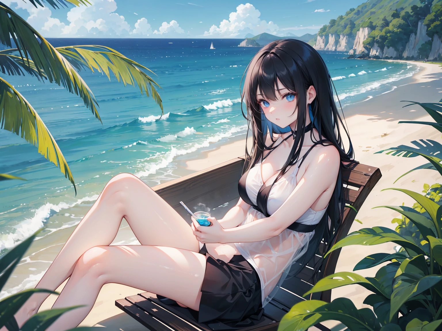 ((Top Quality)), ((Masterpiece)), ((Details)), perfect face, perfect body, sitting by the beach, listening to music, wearing headphones, wearing swimsuit, transparent swimsuit, wearing clothes exposing tight hips and breasts Woman with face visible, sitting with legs apart