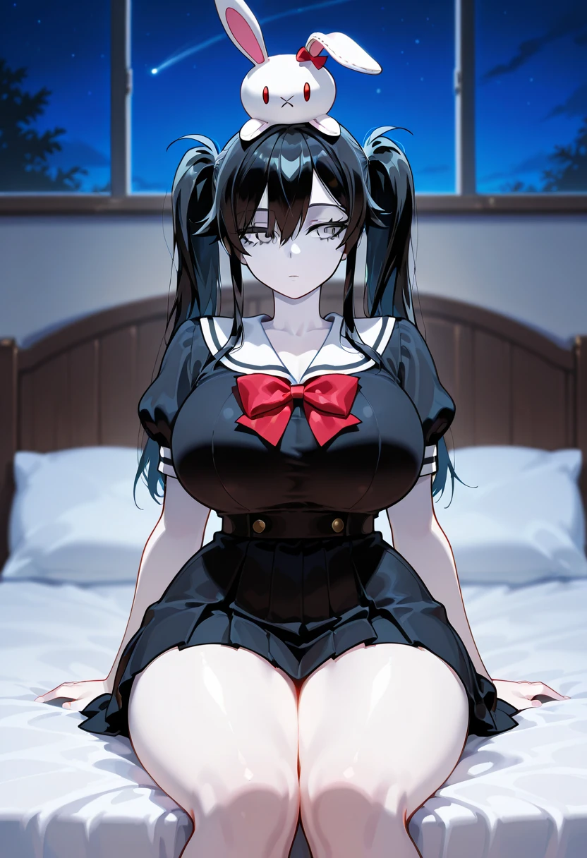 Masterpiece, source_anime, top-quality, perfect anatomically, correct , sharp focus, 4K,8K, 2D,1girl, solo focus, beautiful face girl, black hair, youthful, long hair, twintails, long smooth twintails, pale skin, white skin, colored skin:white, long bangs, bangs cover right eye, bangs cover one eye, a red bow on head, black eyelashes, silver eyes, emotionless face, curvy body, bimbo, very , , , :2.7, thick , thick , thick thighs, slim waist, black dress, pleated dress, short sleeves, doll sleeves, hugging a rabbit doll, old rabbit doll, front view, close up, upper body, outdoor, in bedroom, nighttime, night atmosphere, night bedroom, sitting on bed, safe for work