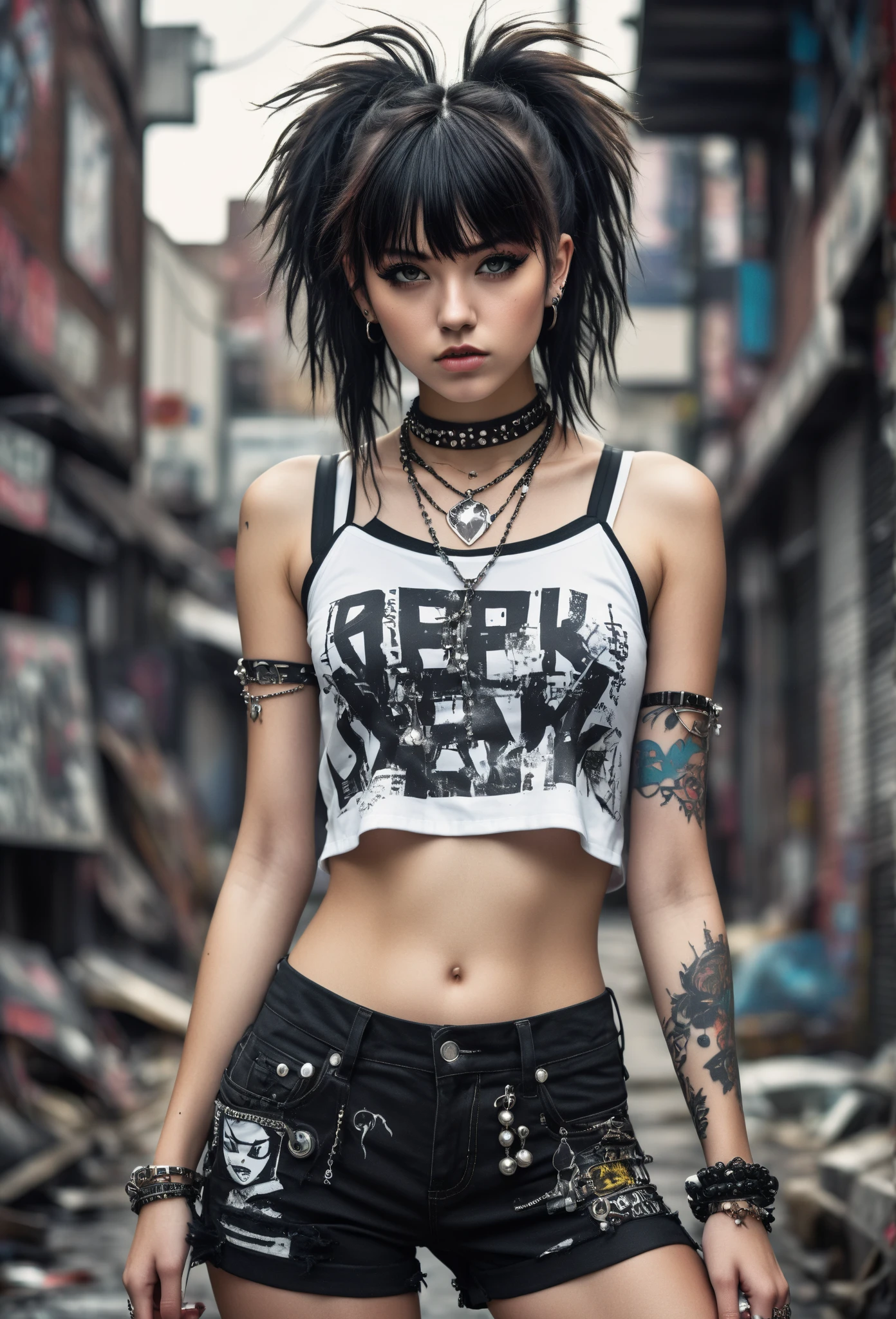 A young woman with dark, messy hair and bangs, wearing a white crop top with an anime-style graphic design and black studded shorts, standing in an urban setting with a rebellious, punk-inspired style, including layered necklaces, bracelets, and a choker, in a gritty, edgy composition that captures her confident and edgy persona. UHD image,glittery and shiny, HDR, dynamic pose, 32K, sharp focus.