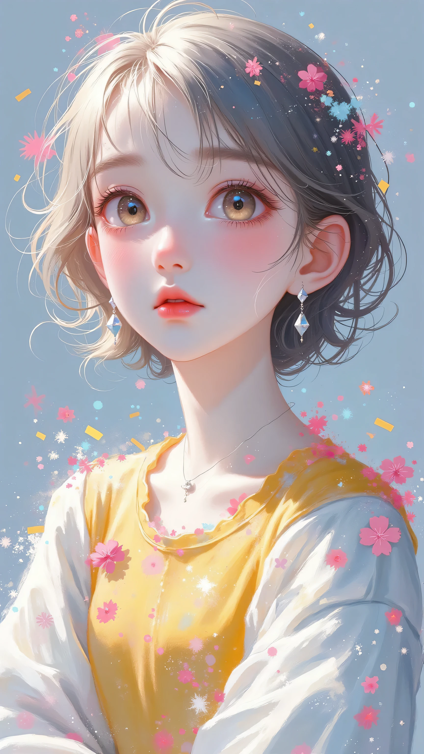 Expressionist artwork image of a single floating ceramic head, face, young korean girl, colorful, color splash, neon colors, make it weird and gallery worthy