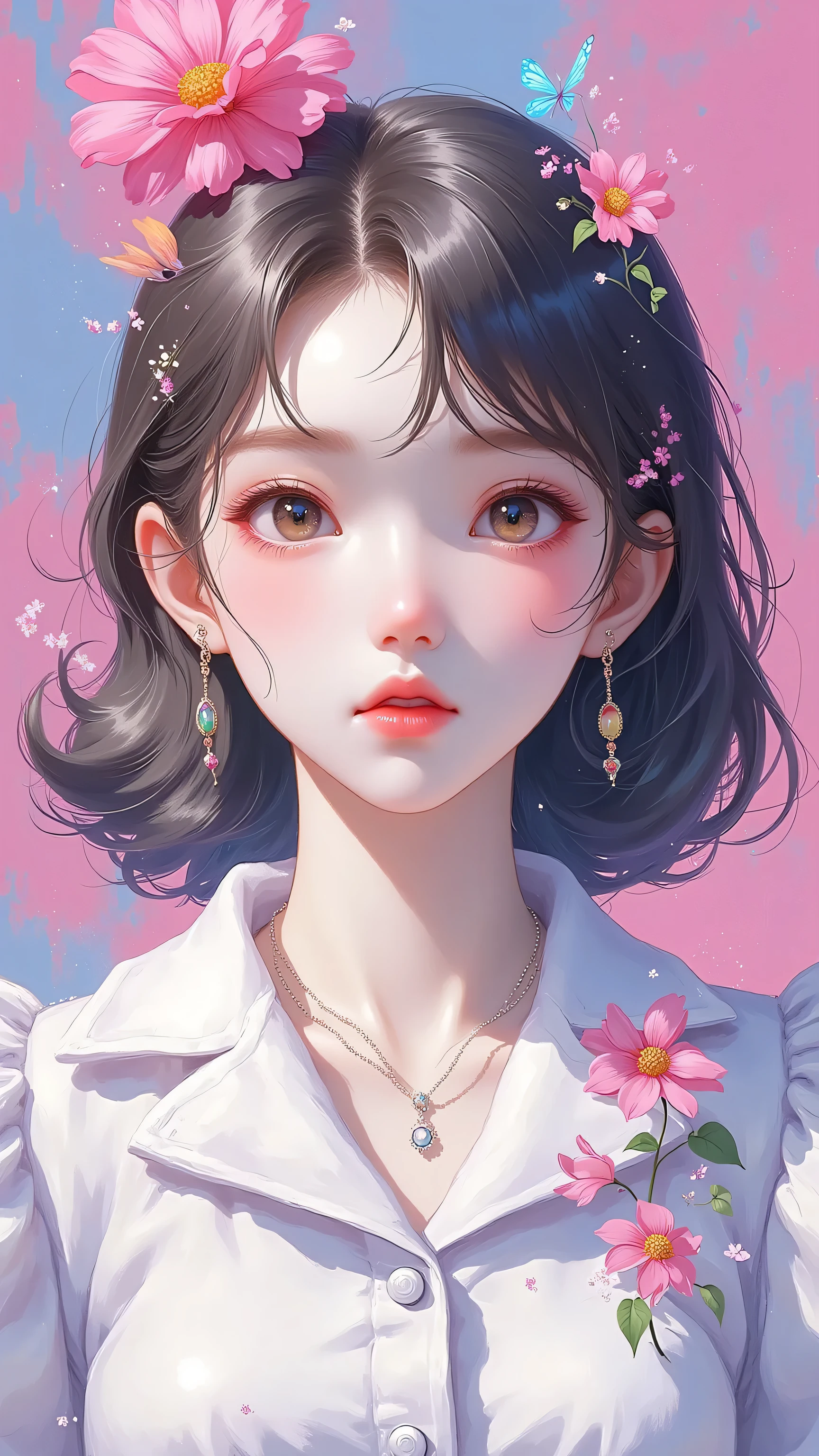 Expressionist artwork image of a single floating ceramic head, face, young korean girl, colorful, color splash, neon colors, make it weird and gallery worthy