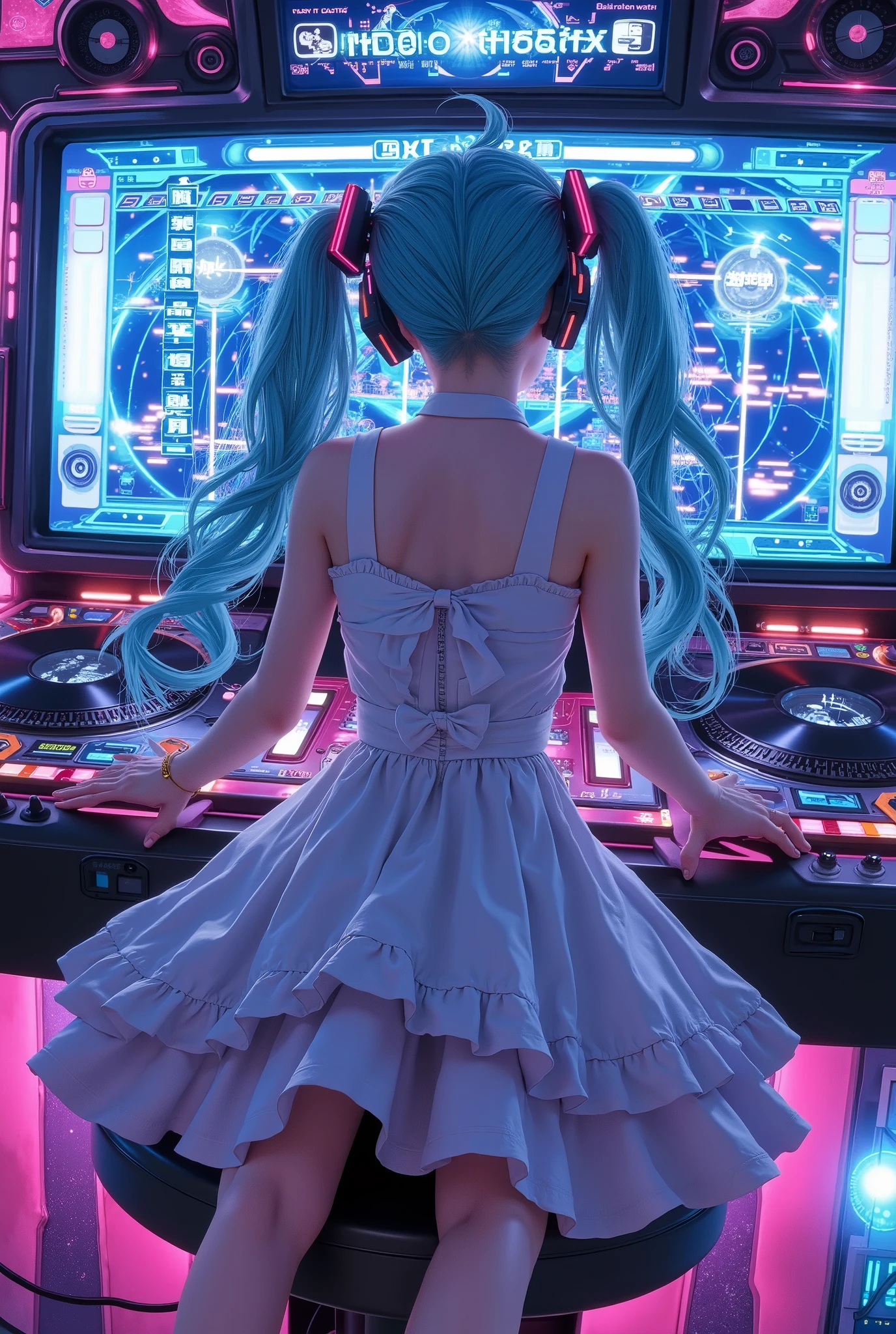 photo realistic,hatsune miku,from behind,playing music video game\(sound voltex\), Behind the game device, there is a large monitor, and she is leaning backwards to look at the monitor. Her knees are bent and her elbows are spinning the turntable. Next to her head "💦", the monitor shows the screen of a music game. A large number of notes are falling down the lane of the game screen.