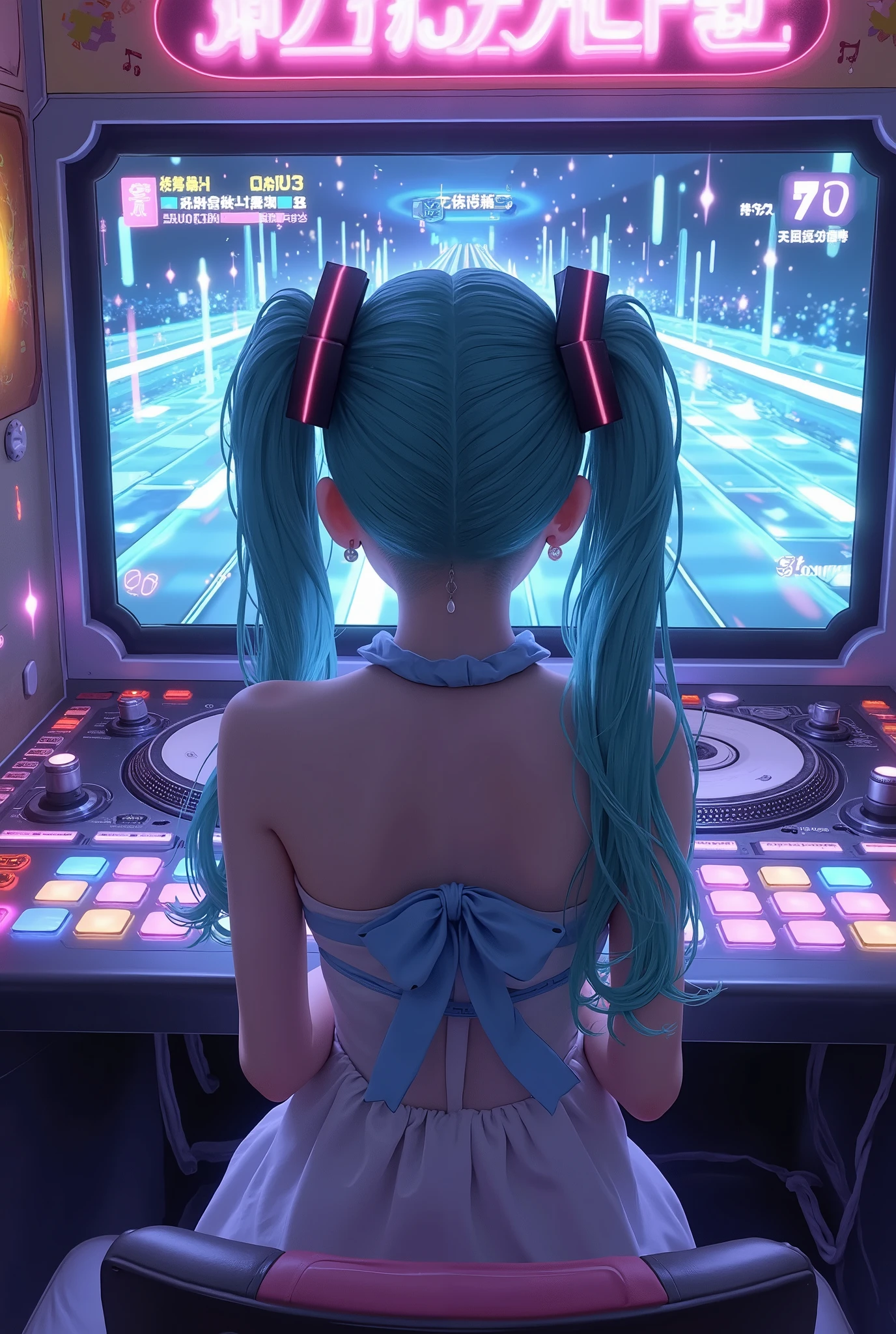 photo realistic,hatsune miku,from behind,playing music-video-game,music-video-game\(Seven switches are lined up like a keyboard, with a turntable next to it and two sets of controllers installed symmetrically.\), Behind the game device, there is a large monitor, she is look at the monitor. turn the turntable with elbow. sweatdrop from her head, the monitor shows the screen of a music game. A large number of notes are falling down the lane of the game screen.