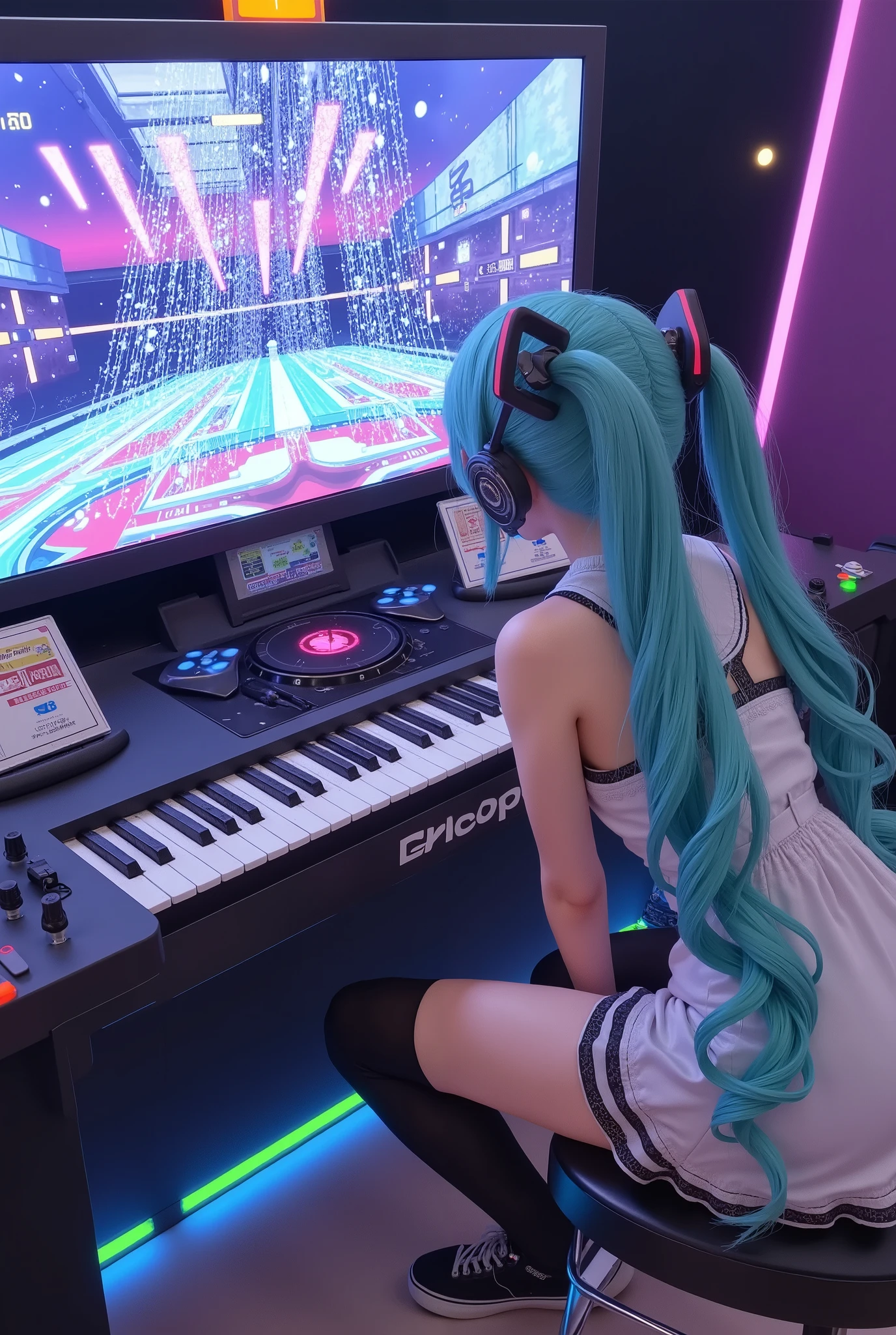photo realistic,hatsune miku,from behind,playing music-video-game,music-video-game\(Seven switches are lined up like a keyboard, with a turntable next to it and two sets of controllers installed symmetrically.\), Behind the game device, there is a large monitor, and she is leaning backwards to look at the monitor. Her knees are bent and her elbows are spinning the turntable. Next to her head "💦", the monitor shows the screen of a music game. A large number of notes are falling down the lane of the game screen.