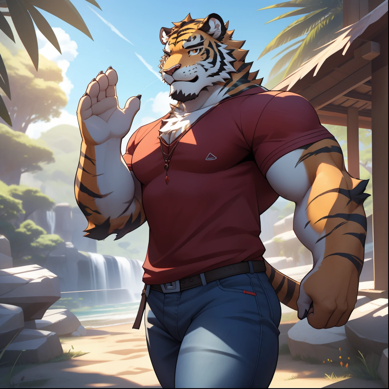 hairy,male,Common,((极其lifelike阴影,masterpiece,Very detailed,lifelike)), ((tiger)),strong,成熟male,The species is Siberian tiger,Body obesity,fluffy hair,Red nipples,Wear a loincloth,alone,dynamic poses,(0.5),Naked upper body