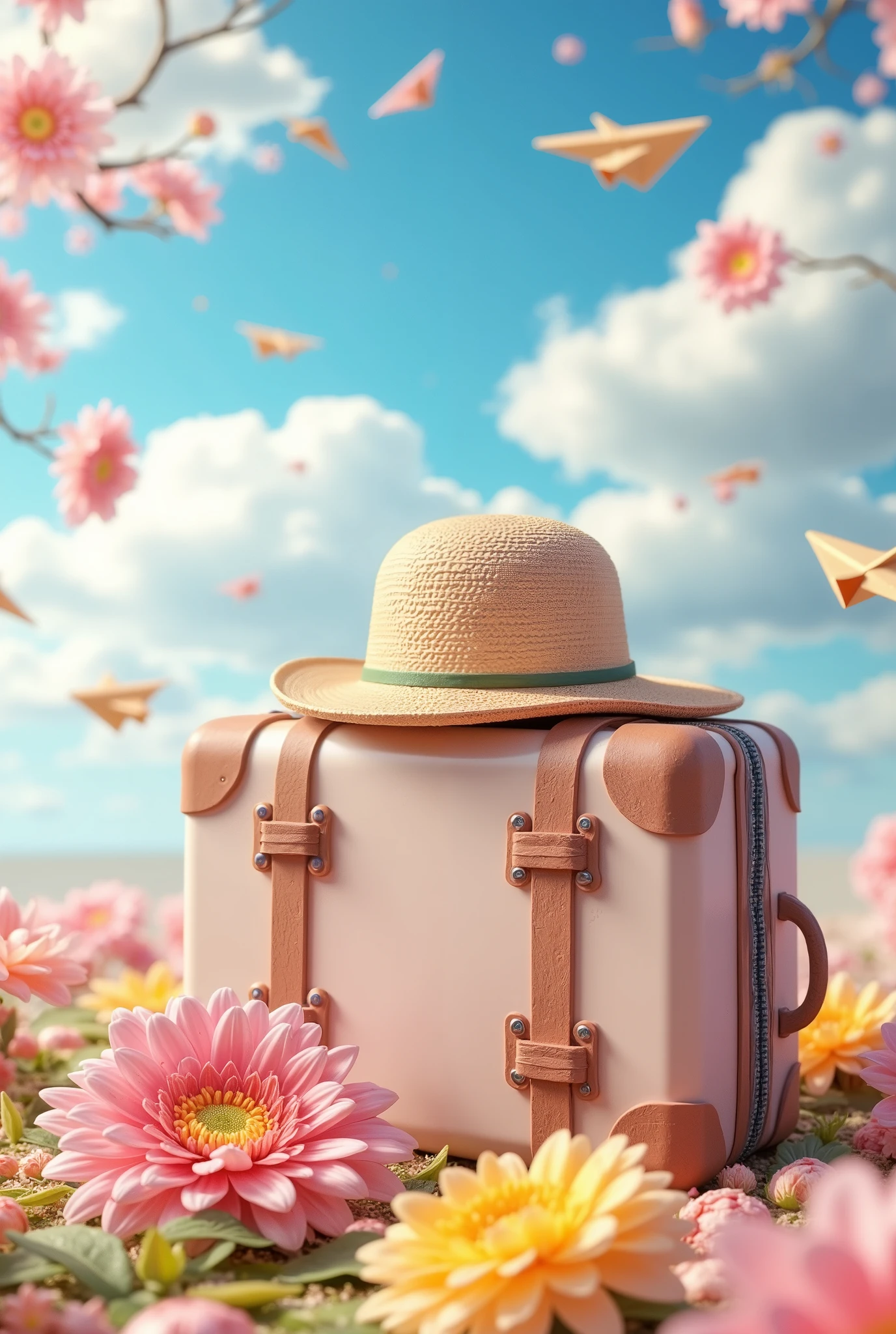 There is a suitcase with a straw hat on top, clouds, atmosphere, leaves, chrysanthemums floating in the air, paper airplanes, (miniature: 1.2), 2.5d illustration, 3d rendering, 3d modeling, bubble matt, trend in behans 3d art, trend in behans 3d art, 3d illustration, 3d illustration, 3d illustration, commercial illustration, cinema 4d color rendering, 3d rendering stylization, stylized digital illustration, 3d stylized scene, stylized 3d rendering
