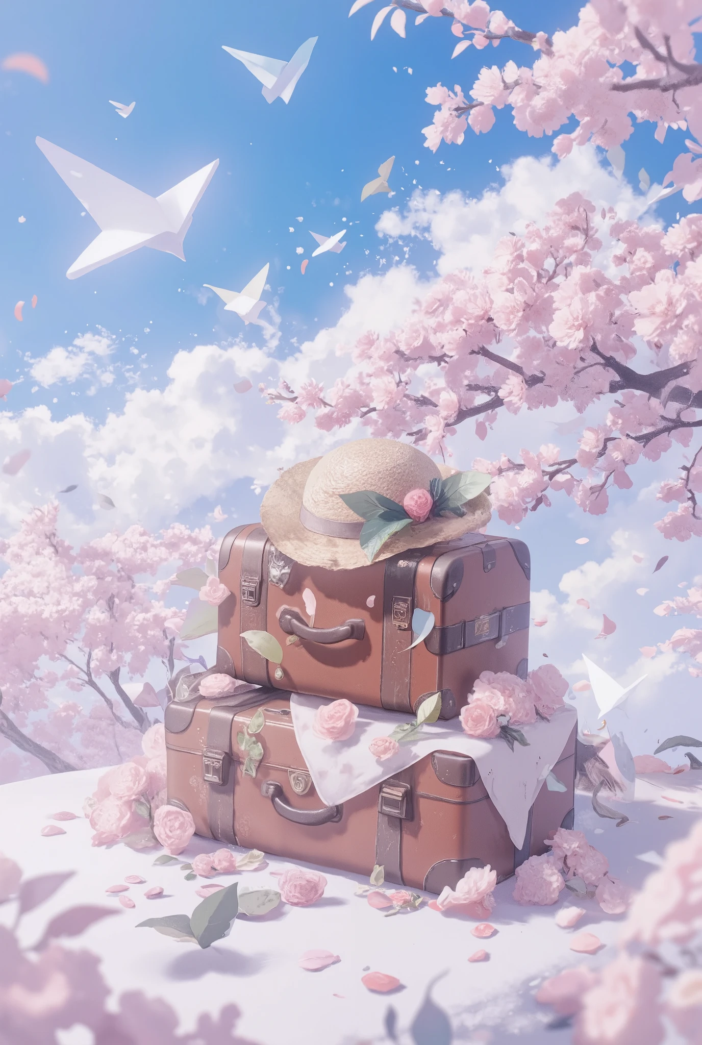 There is a suitcase with a straw hat on top, clouds, atmosphere, leaves, chrysanthemums floating in the air, paper airplanes, (miniature: 1.2), 2.5d illustration, 3d rendering, 3d modeling, bubble matt, trend in behans 3d art, trend in behans 3d art, 3d illustration, 3d illustration, 3d illustration, commercial illustration, cinema 4d color rendering, 3d rendering stylization, stylized digital illustration, 3d stylized scene, stylized 3d rendering