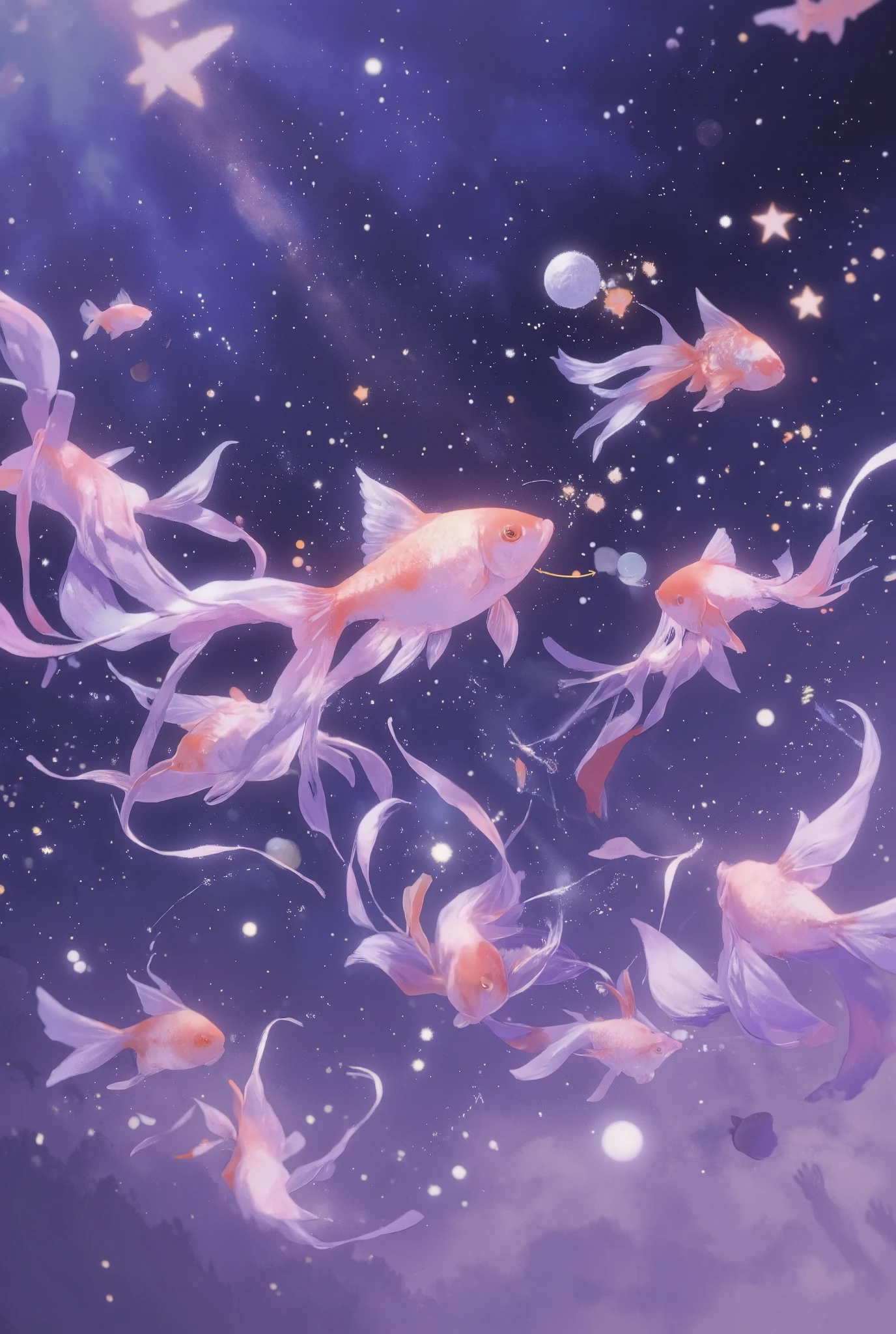 masterpiece, best quality, ultra-detailed, minimal object, chibi, Low Fidelity (lofi) art style, pastel pink and purple tones. A group of small, chibi-style goldfish gently swim through the vastness of space, their tails trailing behind them like soft pastel ribbons. The stars and planets in the background are softly glowing, creating a dreamlike atmosphere. The goldfish move slowly, as if they are drifting peacefully through an ocean of stars. A small chibi figure floats nearby, their back to the viewer, reaching out towards one of the goldfish as it swims past. The surreal image of goldfish swimming through space creates a calming, peaceful moment that feels both impossible and serene.