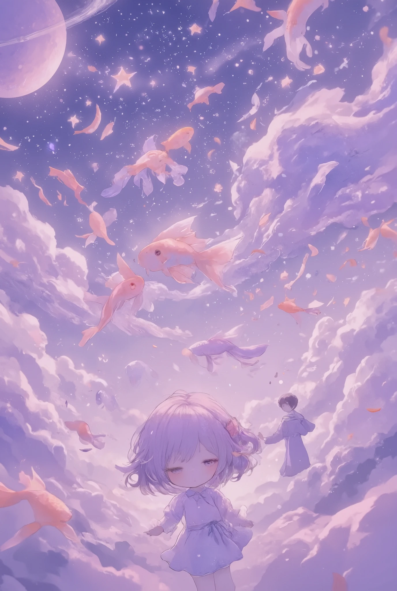 masterpiece, best quality, ultra-detailed, minimal object, chibi, Low Fidelity (lofi) art style, pastel pink and purple tones. A group of small, chibi-style goldfish gently swim through the vastness of space, their tails trailing behind them like soft pastel ribbons. The stars and planets in the background are softly glowing, creating a dreamlike atmosphere. The goldfish move slowly, as if they are drifting peacefully through an ocean of stars. A small chibi figure floats nearby, their back to the viewer, reaching out towards one of the goldfish as it swims past. The surreal image of goldfish swimming through space creates a calming, peaceful moment that feels both impossible and serene.