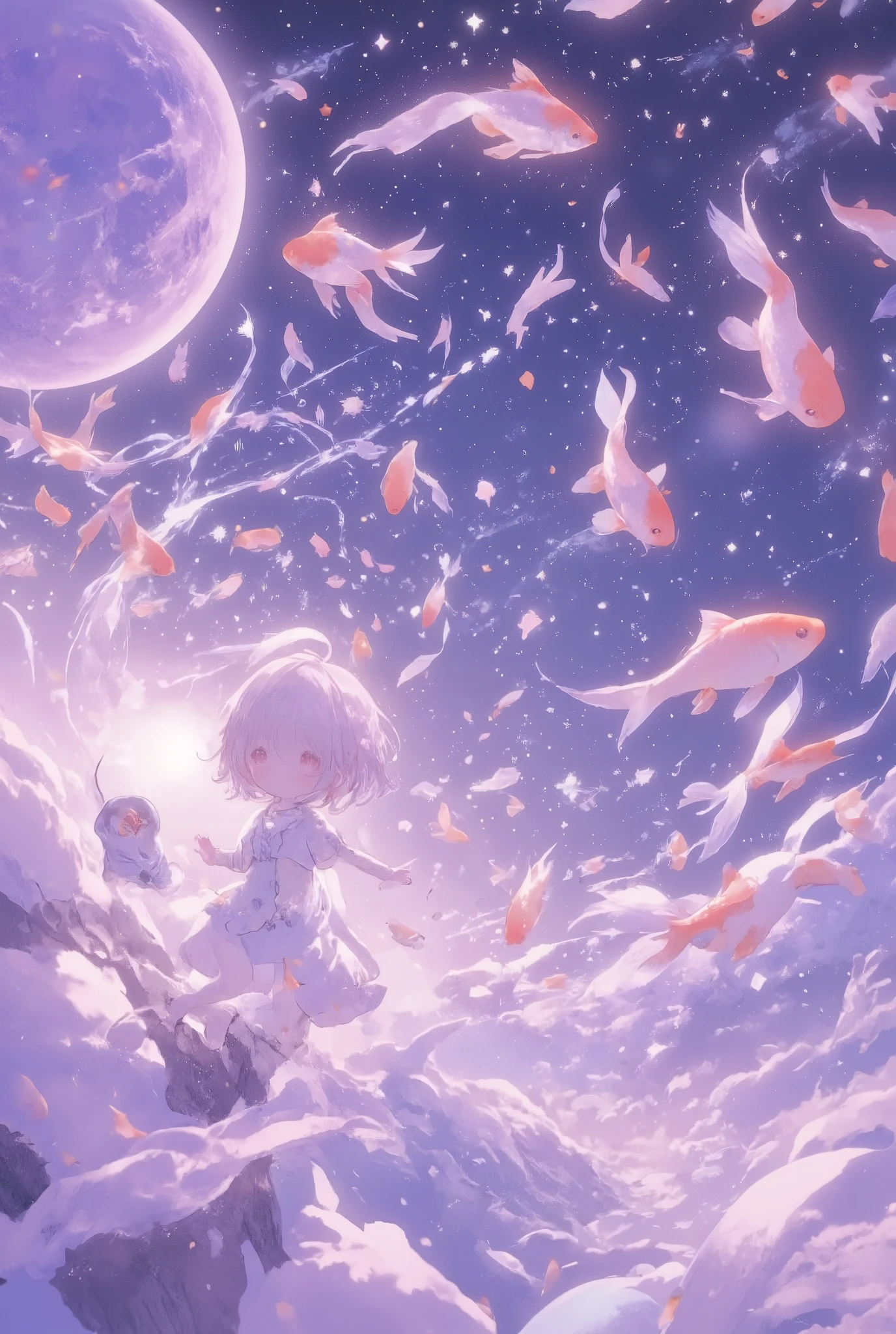 masterpiece, best quality, ultra-detailed, minimal object, chibi, Low Fidelity (lofi) art style, pastel pink and purple tones. A group of small, chibi-style goldfish gently swim through the vastness of space, their tails trailing behind them like soft pastel ribbons. The stars and planets in the background are softly glowing, creating a dreamlike atmosphere. The goldfish move slowly, as if they are drifting peacefully through an ocean of stars. A small chibi figure floats nearby, their back to the viewer, reaching out towards one of the goldfish as it swims past. The surreal image of goldfish swimming through space creates a calming, peaceful moment that feels both impossible and serene.