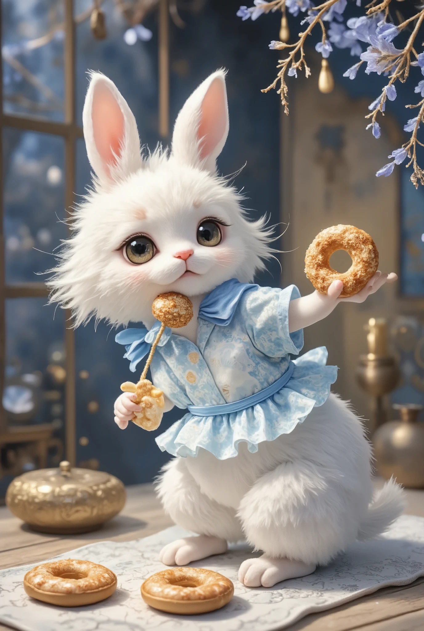 chiikawa\(a\),
:3, one rabbit Alone,Personal,animal focus, food, no human, eating, cat, Food, Big Eyes, animal, holding, Alone, indoor, donut, Food up, holding food