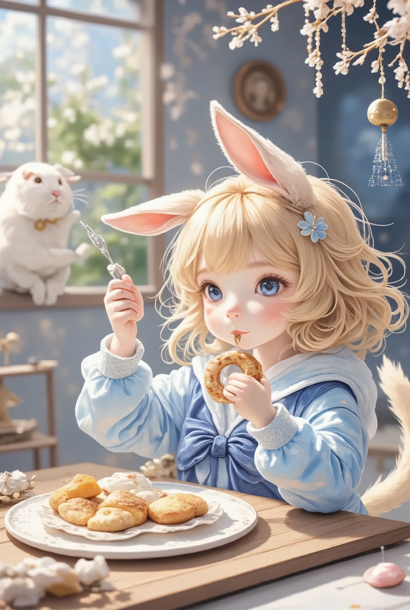 chiikawa\(a\),
:3, one rabbit Alone,Personal,animal focus, food, no human, eating, cat, Food, Big Eyes, animal, holding, Alone, indoor, donut, Food up, holding food