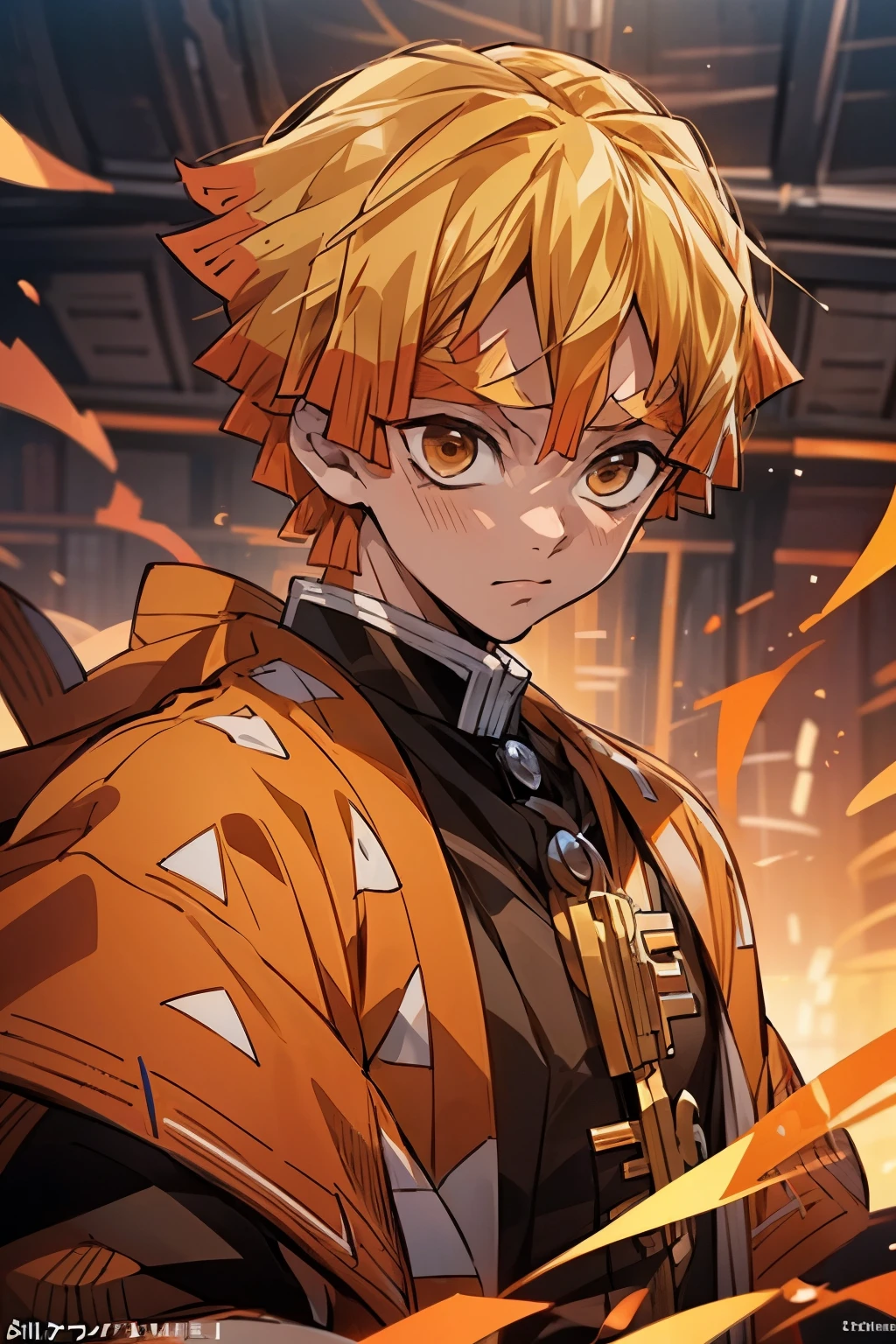 anime - style image of a young Zenitsu Agatsuma, man holding a sword, blitze um ihn herum, key anime art, demon slayer , handsome guy, detailed key anime art, key anime visuals, otaku gangasta, blazing infero, official art, badass anime 8 k, detailed anime character art, orange hair, orange eyes, lightings around, blitze, licht, angriff, dramatisch, episch, kampfhaltung, portrait