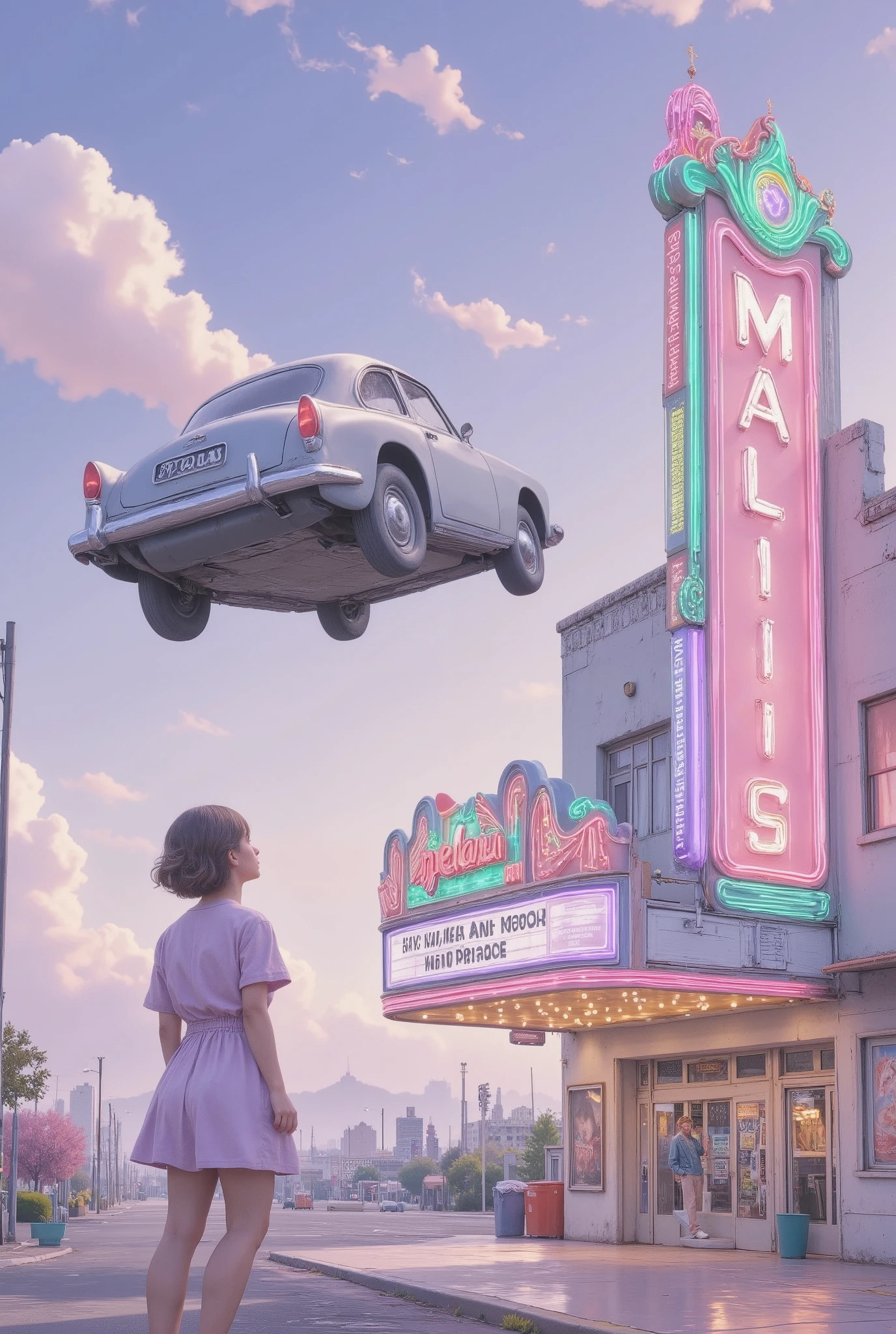 masterpiece, best quality, ultra-detailed, minimal object, vintage retro style, pastel tones. pastel pink and purple tones, A floating, old-fashioned movie theater hovers gently in the sky, its neon sign softly glowing in faded pink and mint green. The vintage marquee displays movie titles from decades ago, while the building itself has an aged charm, with slightly worn posters and a ticket booth frozen in time. The background is a gradient of soft pastel blues and purples, and the horizon below is faint. A small retro-style car is parked outside the theater, suspended mid-air, while a couple of vintage moviegoers stand near the entrance, their backs to the viewer, gazing up at the marquee. The scene evokes a dreamy sense of nostalgia, blending the impossible with a timeless aesthetic.