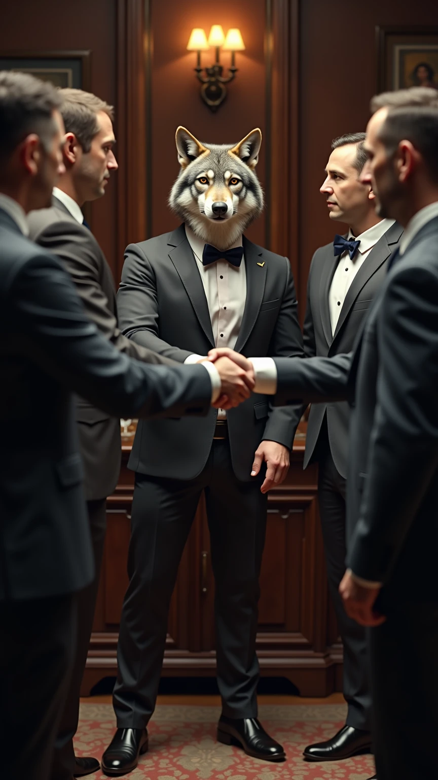 Wolf in a suit and bow tie shaking hands with an executive, Realistic, Detailed, vintage, Office lighting