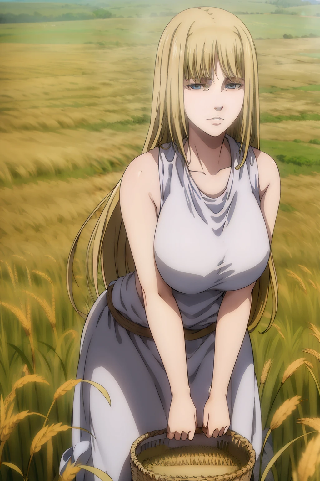 25-year-old woman, long blond hair, big breasts, blue eyes, wearing farmer's clothes picking wheat in the field, on her face you can see tiredness and terror .