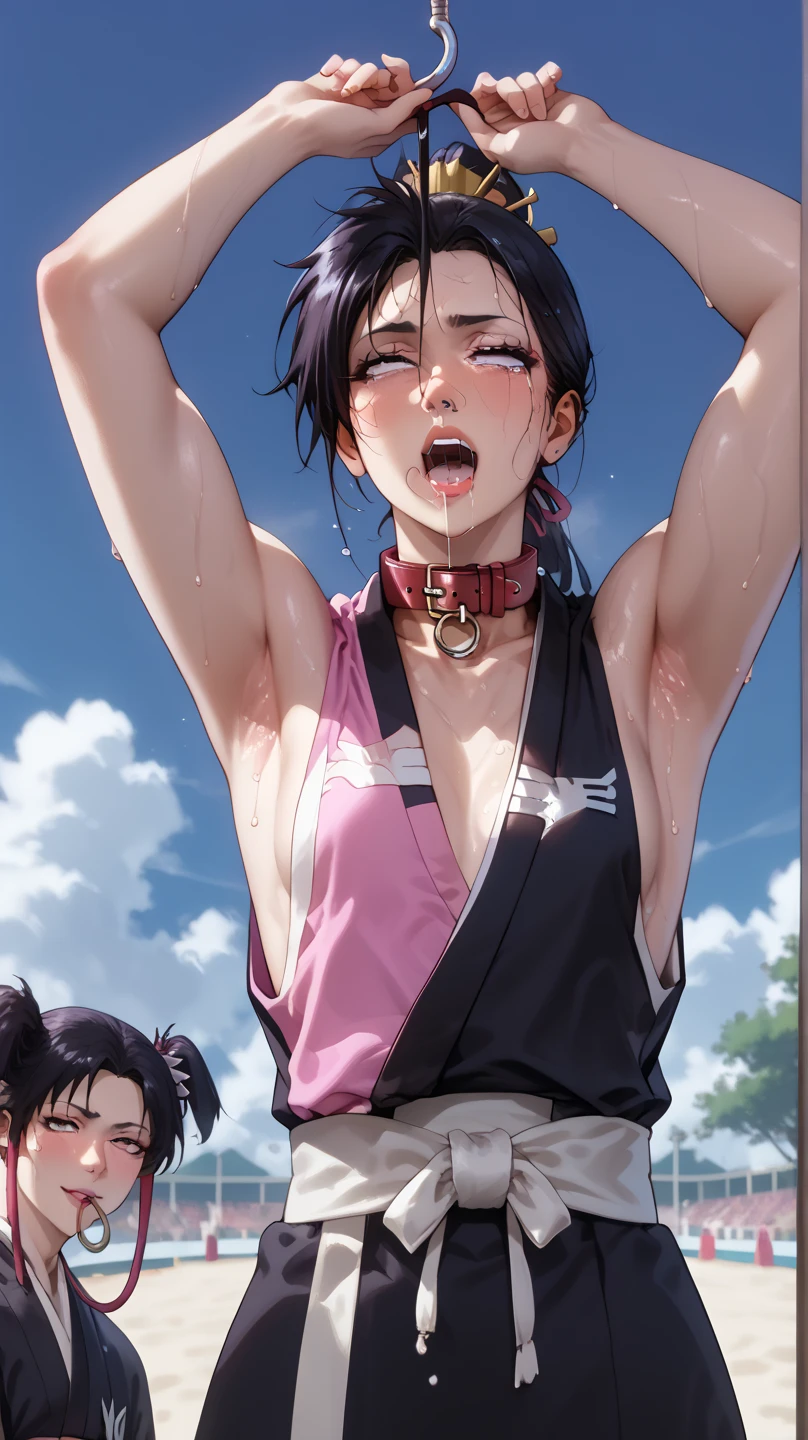 A young and cute Japanese female street fighter。My body was slammed against the wall of the alley、He has been punched in the face by his opponents many times.。Short black hair。Sweating a lot。Covered in blood。Crying。Both eyes closed。shortness of breath。Drooling from the mouth。naked。Denim shorts。Open Finger Gloves。Erect nipples。