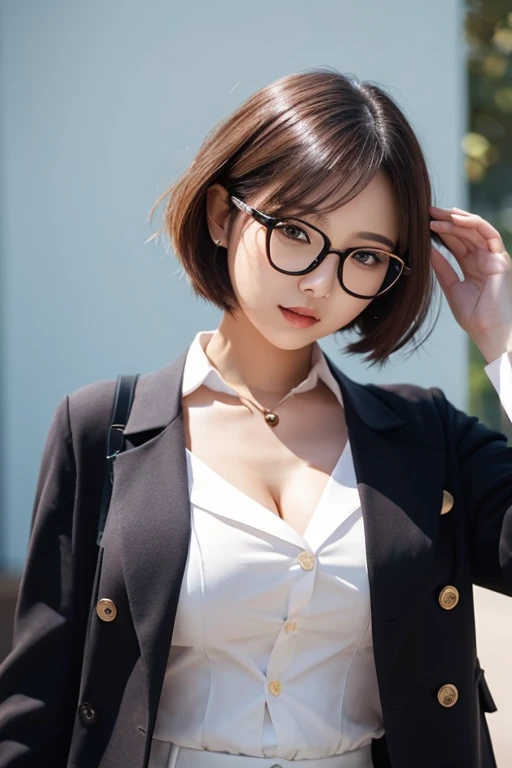 ((Highest quality)), ((masterpiece)), (detailed), pretty girl, naked、uniform、In town、Big Breasts、Black Hair、Rimless Glasses、clear、Short Hair、