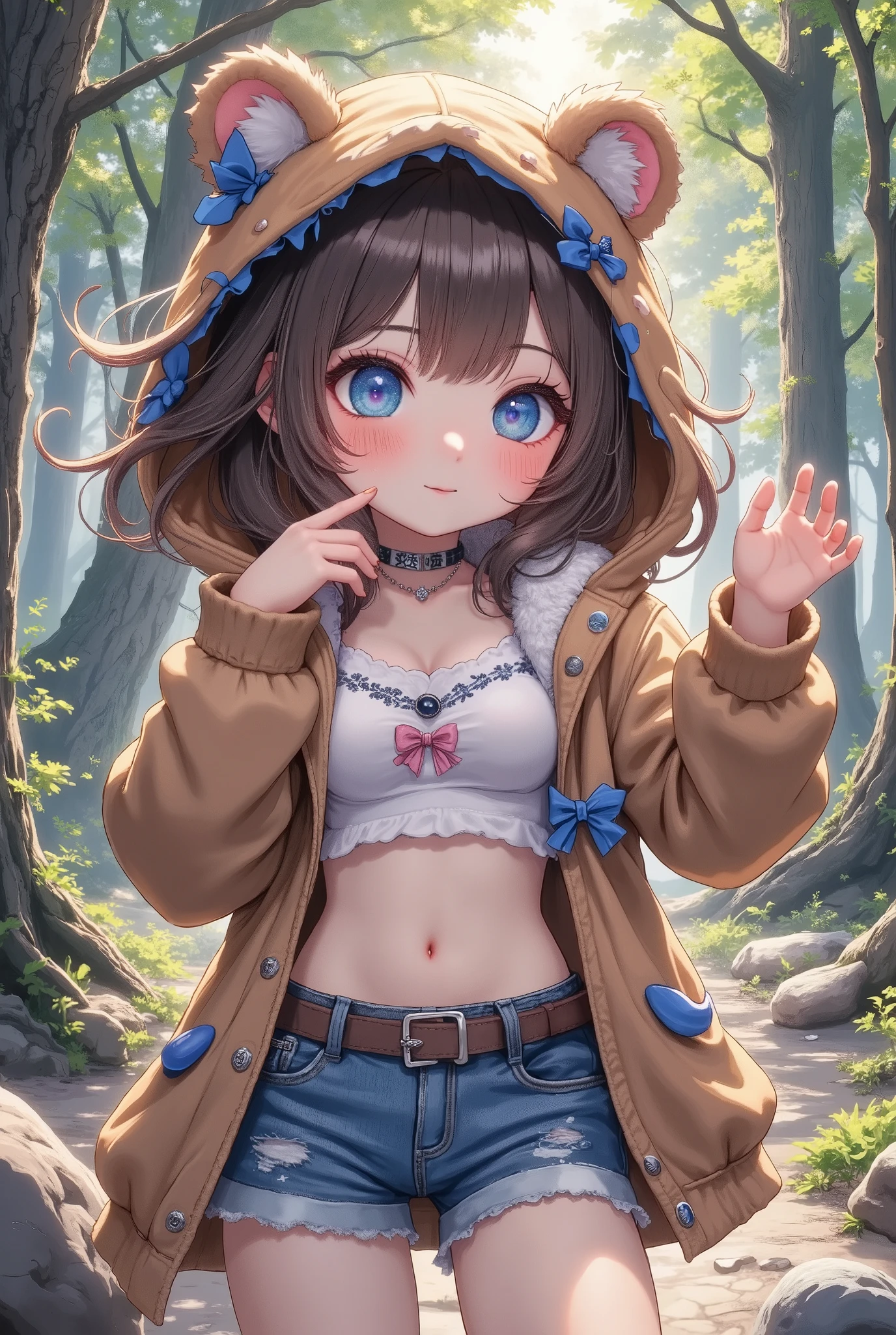 illustration, best quality, front view, 1girl, brown hair, bear-themed hoodie with ears, cute expression, blushing cheeks, playful pose with one hand raised in a paw-like gesture, revealing outfit with fur trim and bows, blue eyes, forest background with tall trees and soft sunlight filtering through leaves, dappled light on the ground, cozy and charming atmosphere, nature-inspired setting