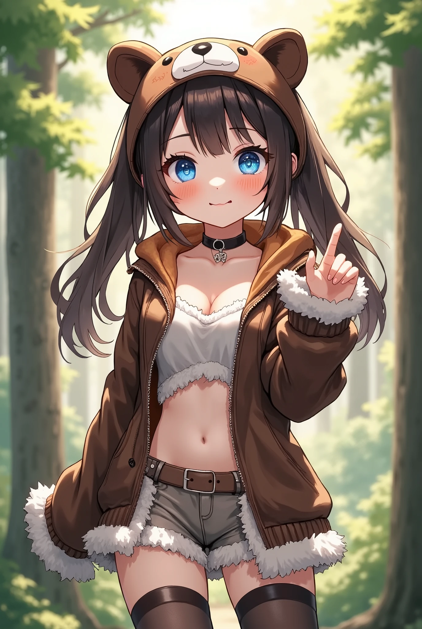 illustration, best quality, front view, 1girl, brown hair, bear-themed hoodie with ears, cute expression, blushing cheeks, playful pose with one hand raised in a paw-like gesture, revealing outfit with fur trim and bows, blue eyes, forest background with tall trees and soft sunlight filtering through leaves, dappled light on the ground, cozy and charming atmosphere, nature-inspired setting