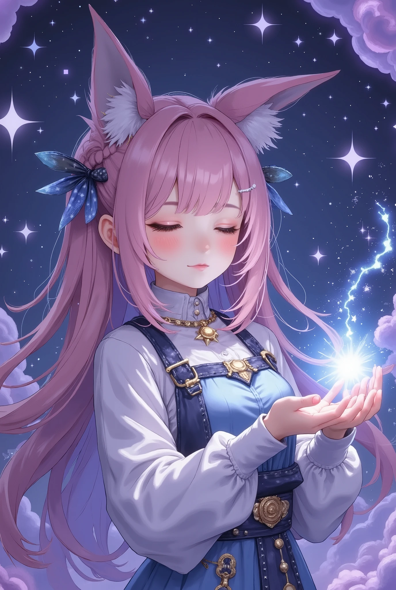 masterpiece, best quality, upper body, 1girl, closed eyes, serene expression, pink hair, mystical markings, celestial necklace with constellation, reaching towards glowing light, ethereal hands, cosmic particles, starry background, purple and blue color scheme, magical aura, fantasy attire, soft lighting, calm and otherworldly atmosphere, floating particles, enchanting scene, celestial theme