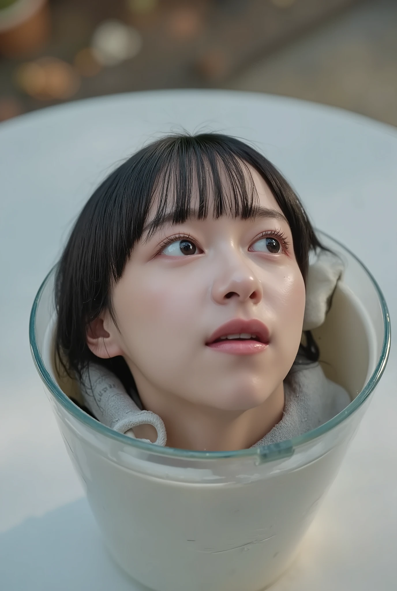 high resolution photograph, photo realistic, masterpiece, amazing quality, intricate details, professional lighting, (in a plant-pot on the table is the disembodied head with neck of a young Japanese woman:1.2), close-up of her head, face focus, black hair, detailed face, detailed eyes, sophisticated nose, (open mouth, cum in mouth), view from front, looking at the viewer, outdoors, daylight,,