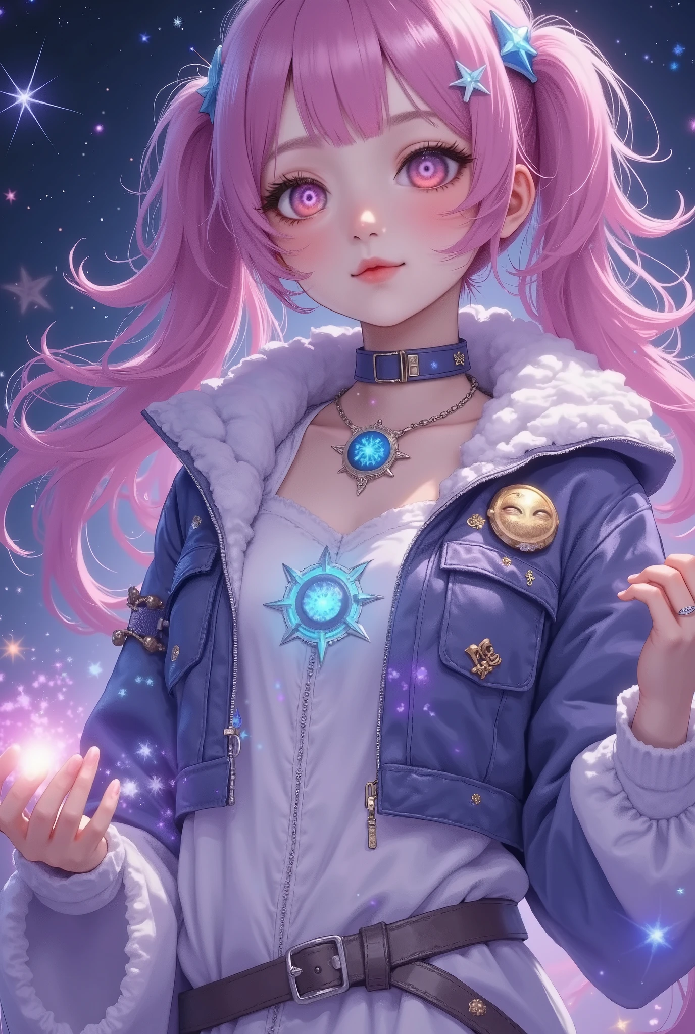 masterpiece, best quality, upper body, 1girl, closed eyes, serene expression, pink hair, mystical markings, celestial necklace with constellation, reaching towards glowing light, ethereal hands, cosmic particles, starry background, purple and blue color scheme, magical aura, fantasy attire, soft lighting, calm and otherworldly atmosphere, floating particles, enchanting scene, celestial theme