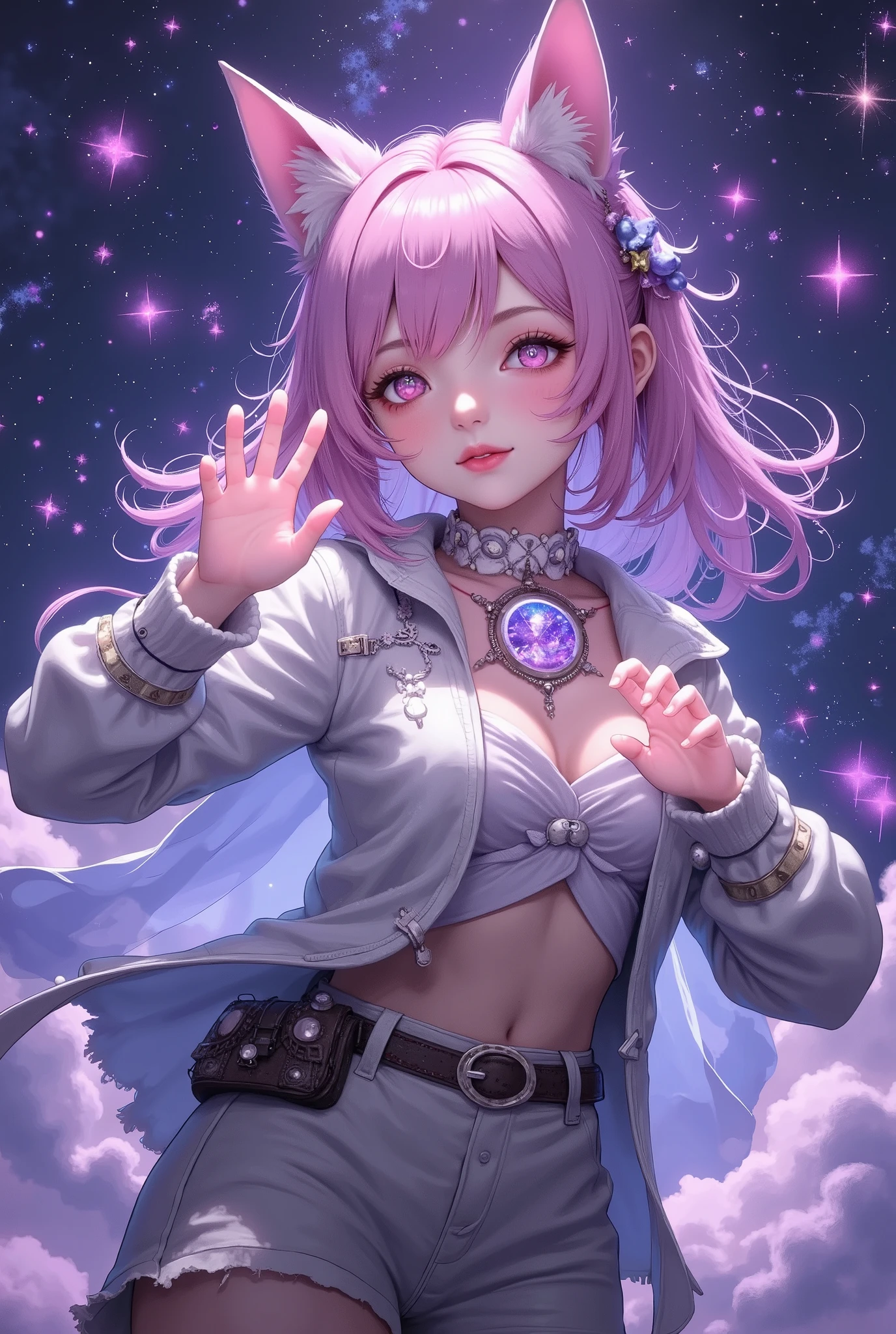 masterpiece, best quality, upper body, 1girl, closed eyes, serene expression, pink hair, mystical markings, celestial necklace with constellation, reaching towards glowing light, ethereal hands, cosmic particles, starry background, purple and blue color scheme, magical aura, fantasy attire, soft lighting, calm and otherworldly atmosphere, floating particles, enchanting scene, celestial theme  