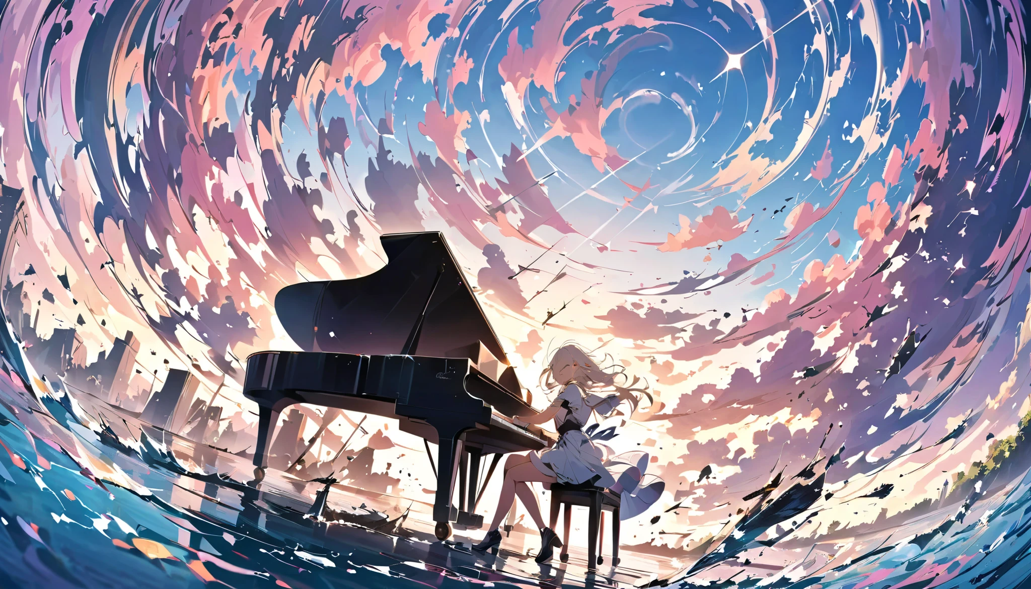 lake in ruins 、 piano floating above the lake 、 plays the piano、 mystical scenery、(Masterpiece, best quality , Official Art:1.2), 荒れ果てた廃墟の中でグランド plays the piano少女 , Colorful floating water , Details, dynamic angle , beautiful Details, 8k, break smiling amidst the カラフル scenes, ( best quality , Masterpiece, high resolution, Details), anime style, ( eyeliner , Details美しい顔), break, dynamic angle