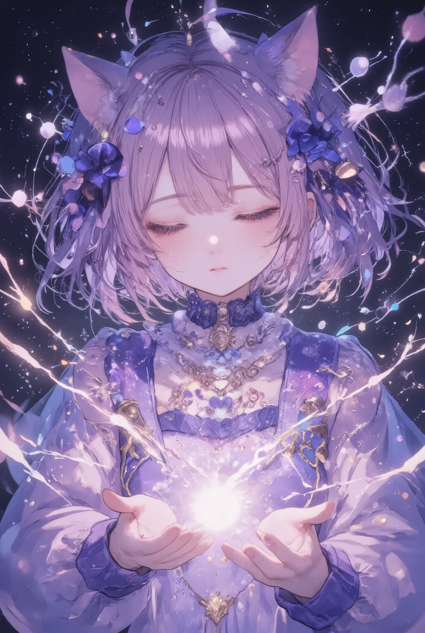 masterpiece, best quality, upper body, 1girl, closed eyes, serene expression, pink hair, mystical markings, celestial necklace with constellation, reaching towards glowing light, ethereal hands, cosmic particles, starry background, purple and blue color scheme, magical aura, fantasy attire, soft lighting, calm and otherworldly atmosphere, floating particles, enchanting scene, celestial theme