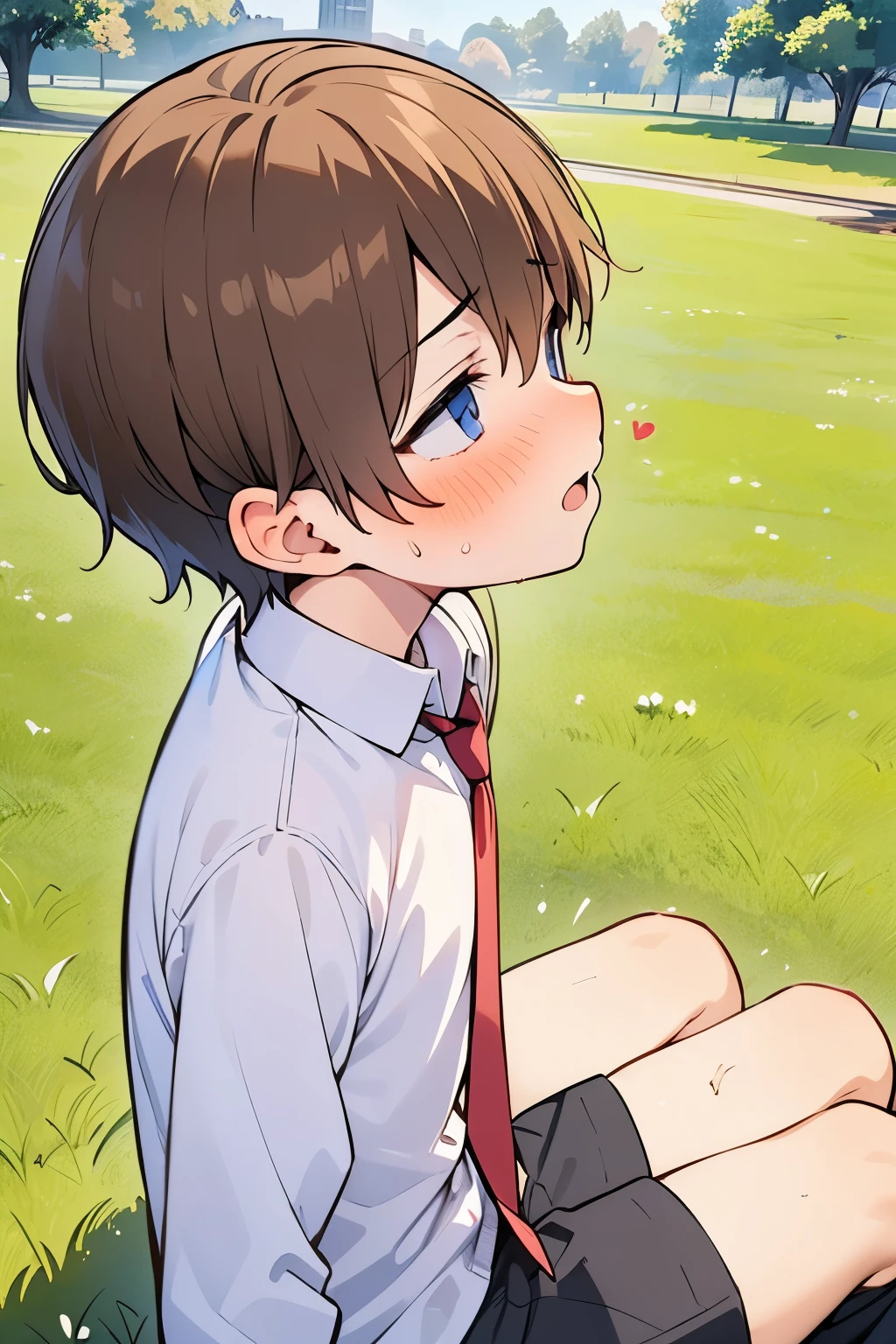 (1-boy :1.5),hypnotism,((Many question mark:1.0)),Short Hair, brown hair,♥️,(NSFW:0.5),(ahegao:0.8),slouch,Agony,(Intense pleasure, convulsions:0.75),Nervous,(heart eye:1.0), high school student from the side,Outdoor sex,Grassland, sex with the giant's uncle