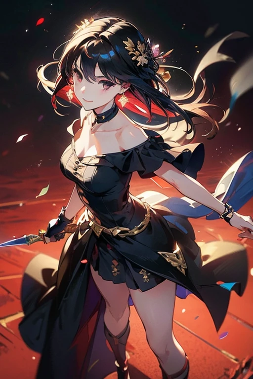 masterpiece, best quality, detailed clothes,1girl, green eyes, black hair, solo, long hair, ponytail, bangs, large breasts, black and gold standard low cut, v-cut dress with skirt, fighting, holding broadsword/greatsword