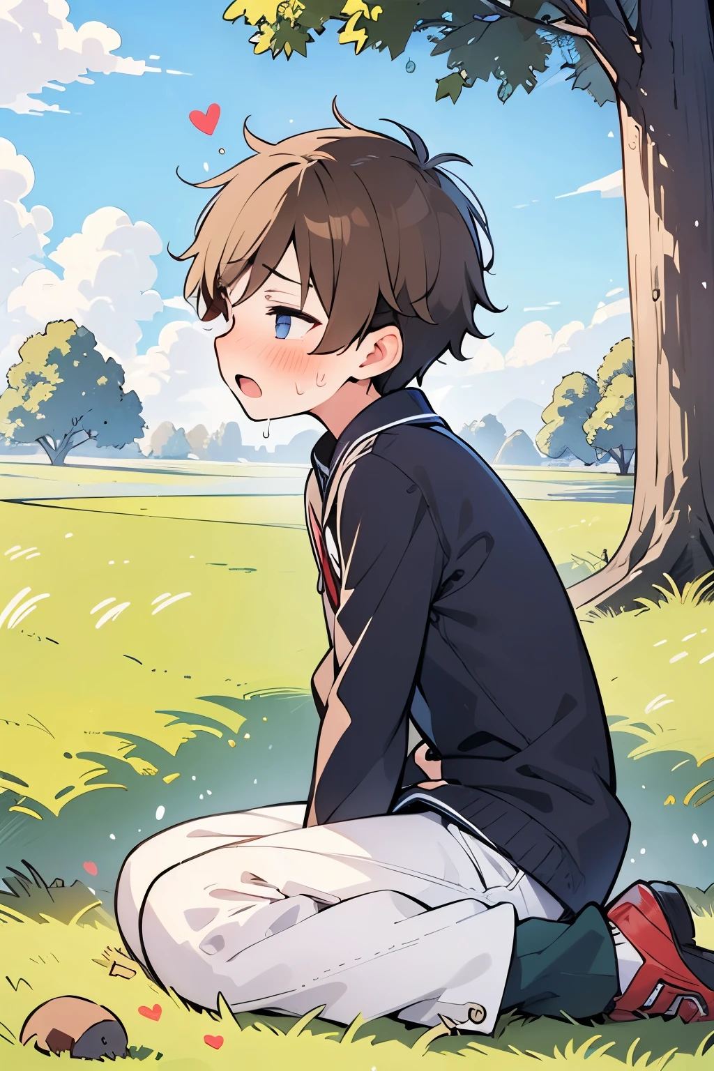 (1-boy :1.5),hypnotism,((Many question mark:1.0)),Short Hair, brown hair,♥️,(NSFW:0.5),(ahegao:0.8),slouch,Agony,(Intense pleasure, convulsions:0.75),Nervous,(heart eye:1.0), high school student from the side,Outdoor sex,Grassland, sex with the giant's uncle